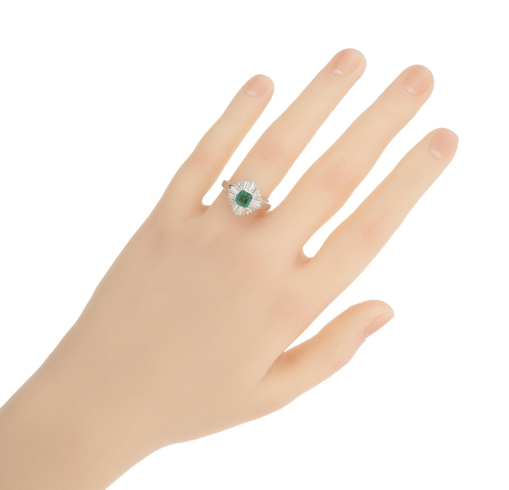 GIA Certified .56 Carat Natural Emerald Diamond Ballerina Platinum Cocktail Ring in vendita 3