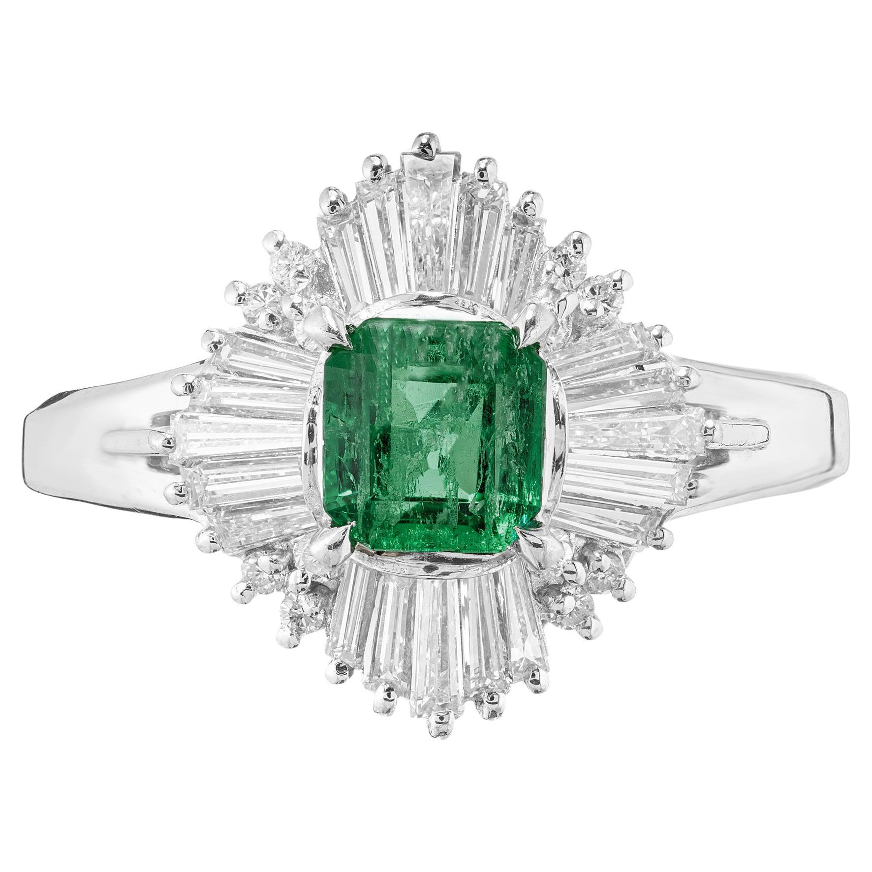 GIA Certified .56 Carat Natural Emerald Diamond Ballerina Platinum Cocktail Ring