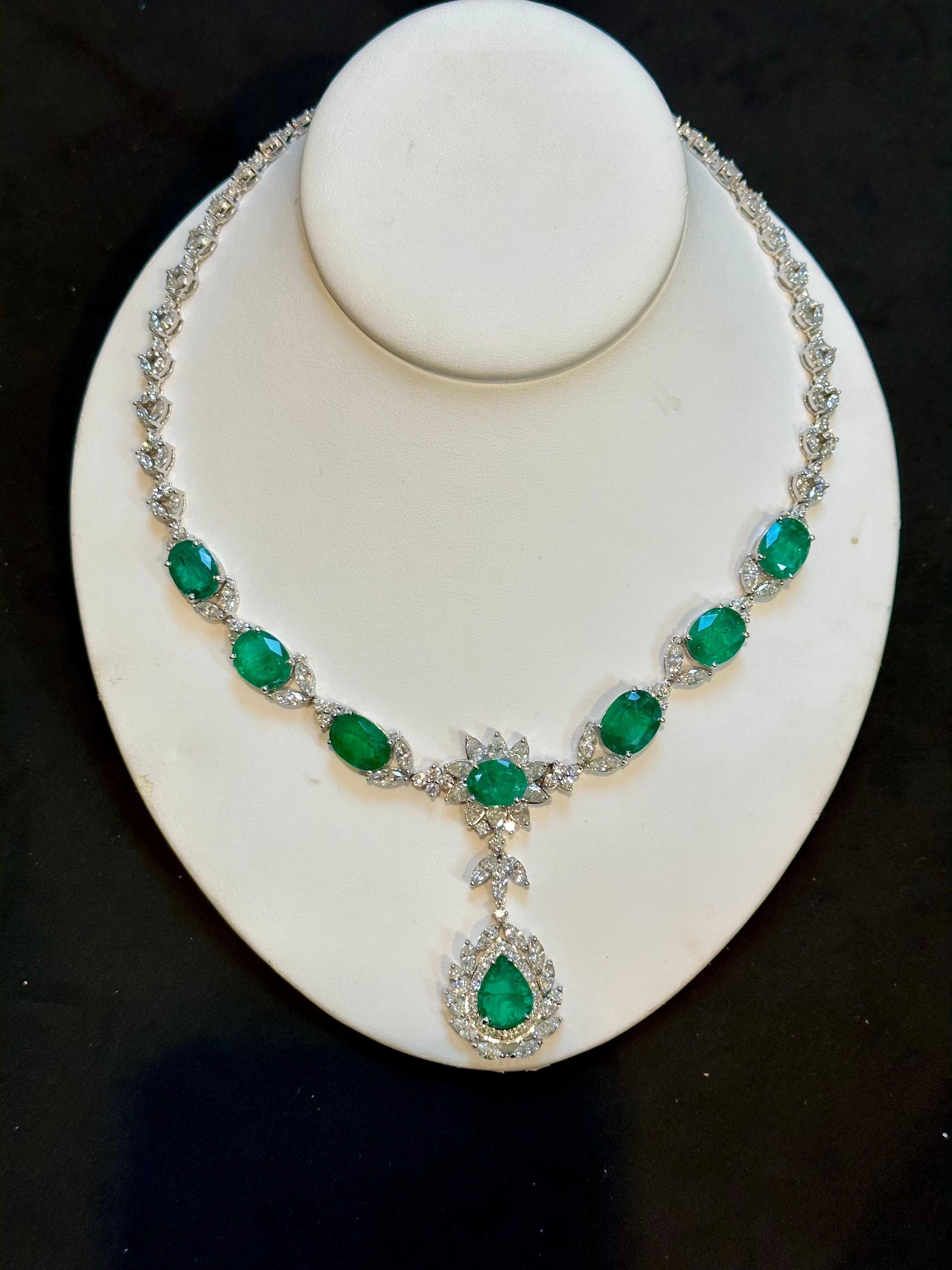 GIA Certified 56 Ct Zambian Emerald & 38 Ct Diamond Fringe Necklace 18KWG Bridal For Sale 5