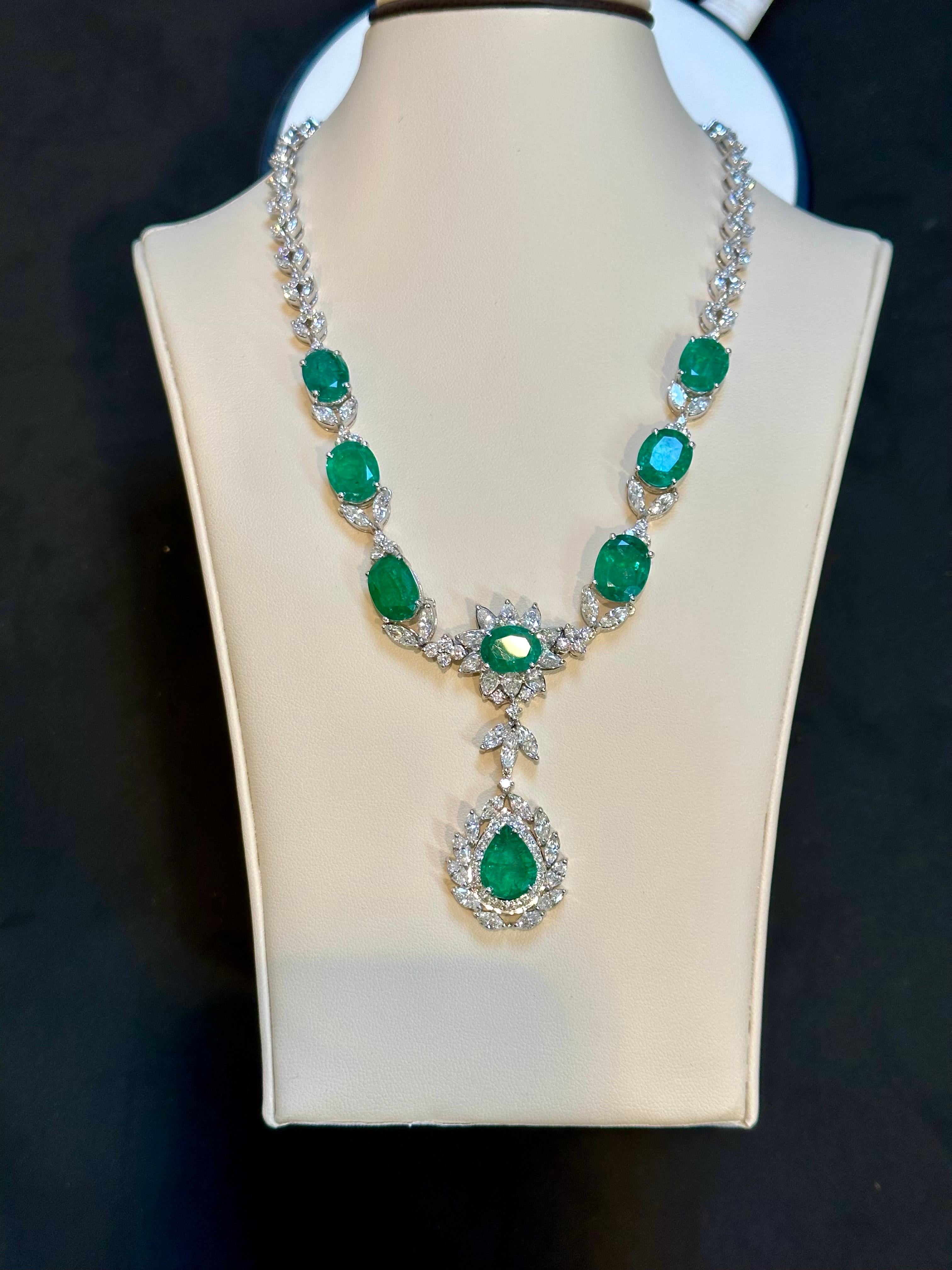 GIA Certified 56 Ct Zambian Emerald & 38 Ct Diamond Fringe Necklace 18KWG Bridal For Sale 6