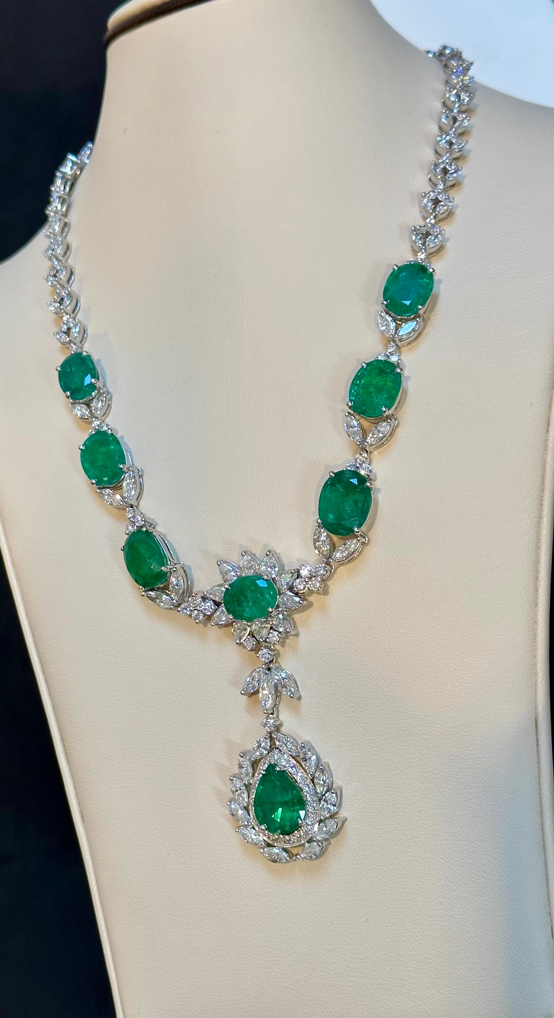 GIA Certified 56 Ct Zambian Emerald & 38 Ct Diamond Fringe Necklace 18KWG Bridal For Sale 7