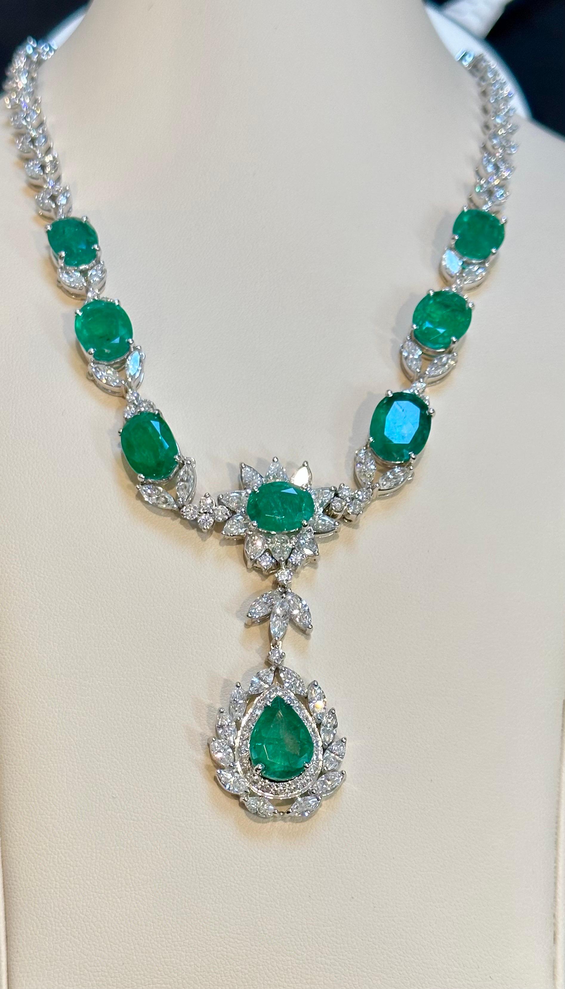 GIA Certified 56 Ct Zambian Emerald & 38 Ct Diamond Fringe Necklace 18KWG Bridal For Sale 8