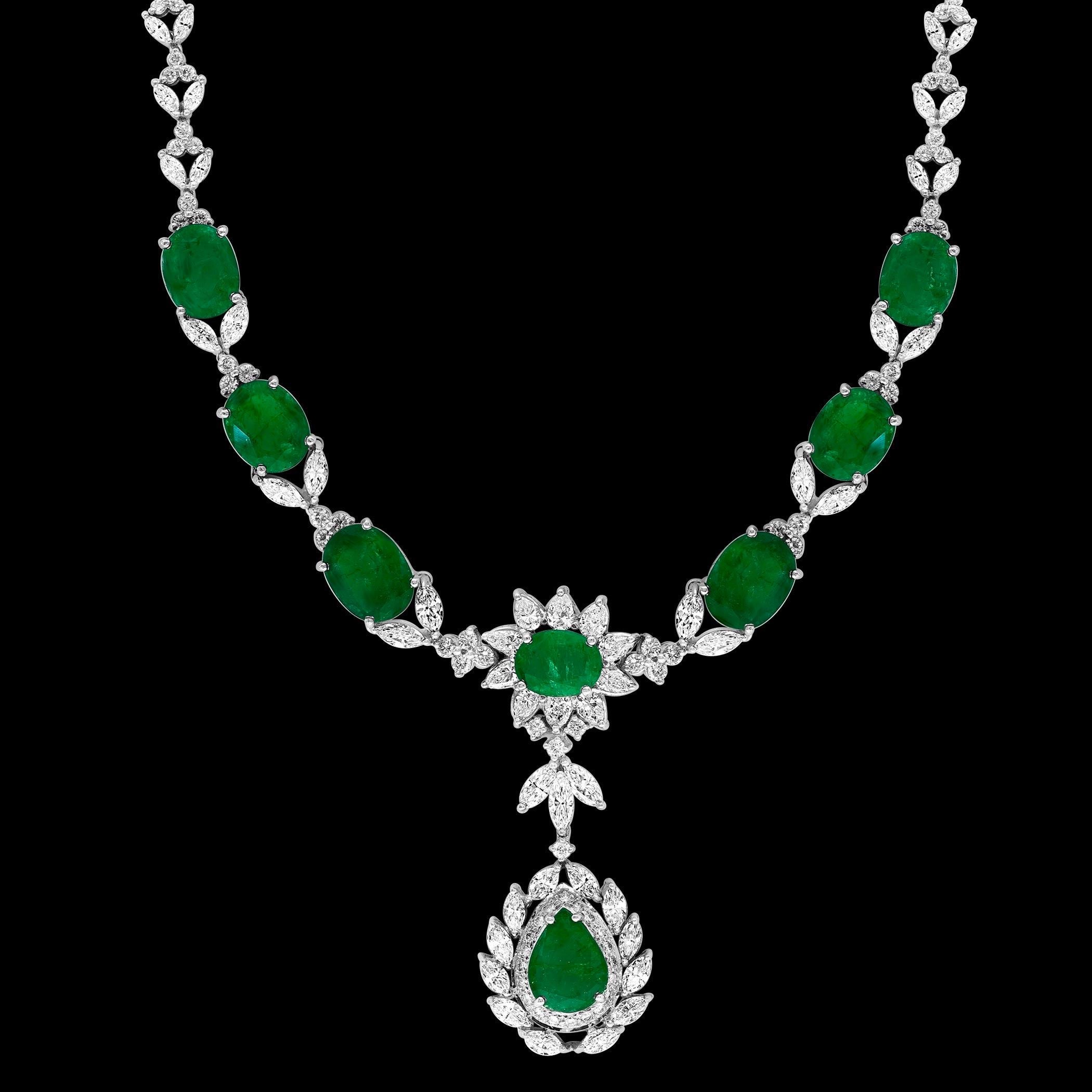 GIA Certified 56 Ct Zambian Emerald & 38 Ct Diamond Fringe Necklace 18KWG Bridal For Sale 9