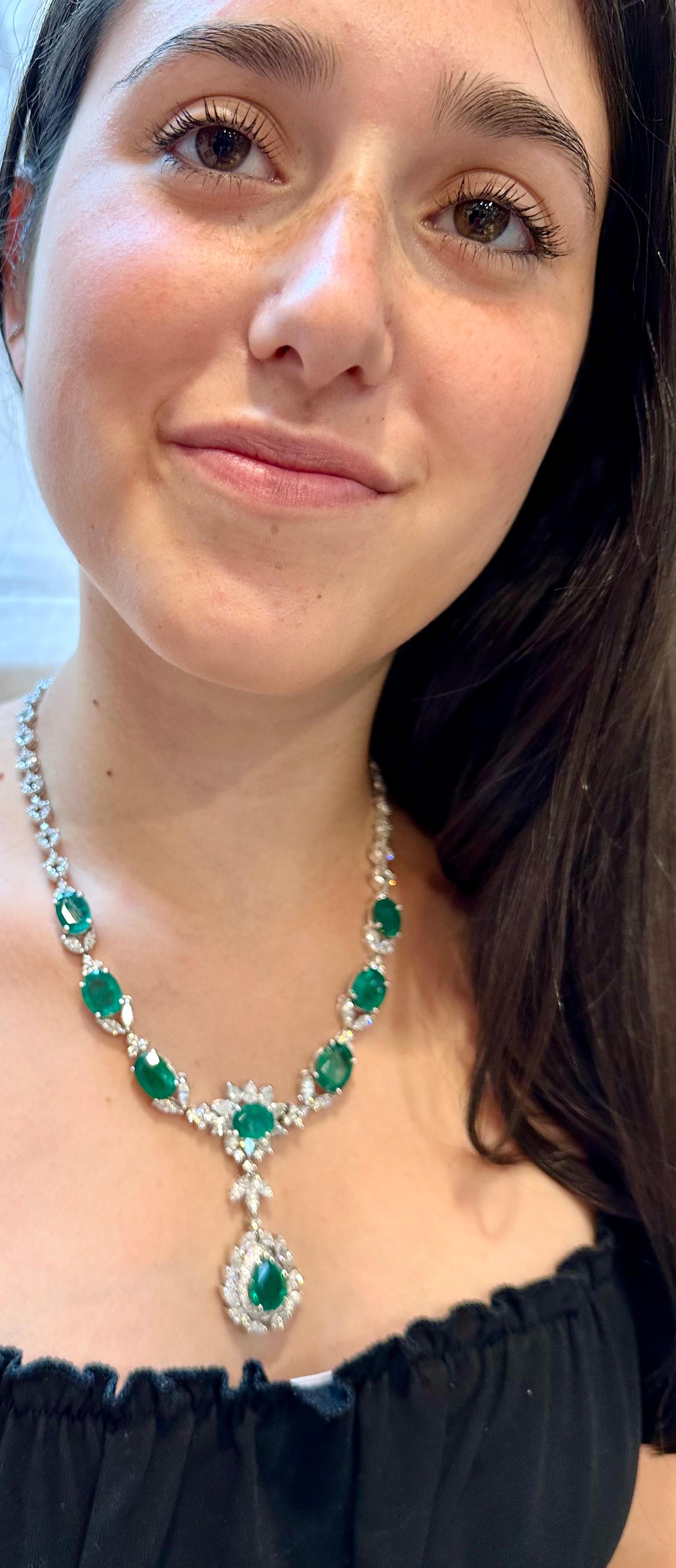 GIA Certified 56 Ct Zambian Emerald & 38 Ct Diamond Fringe Necklace 18KWG Bridal For Sale 11