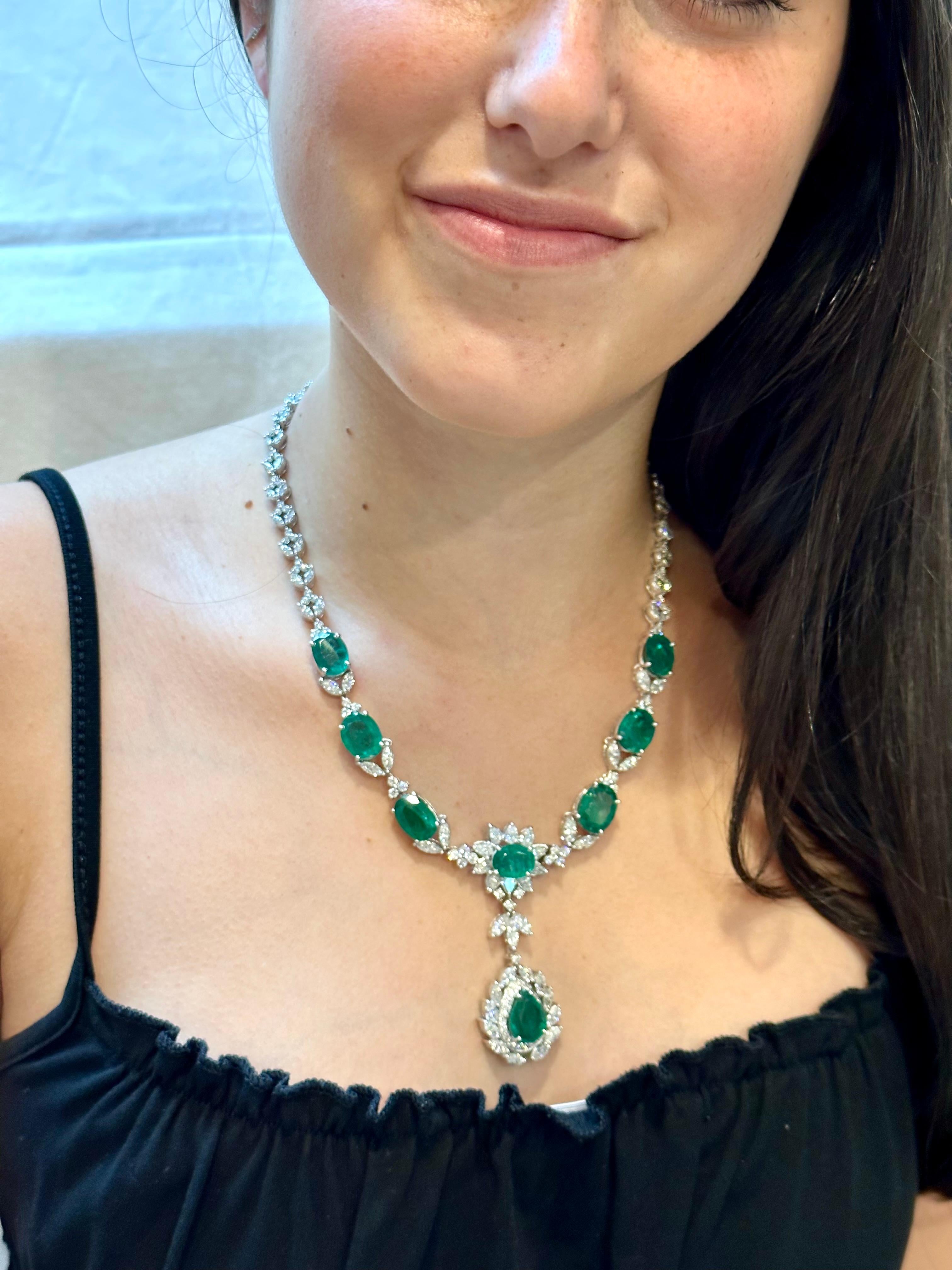 GIA Certified 56 Ct Zambian Emerald & 38 Ct Diamond Fringe Necklace 18KWG Bridal For Sale 12
