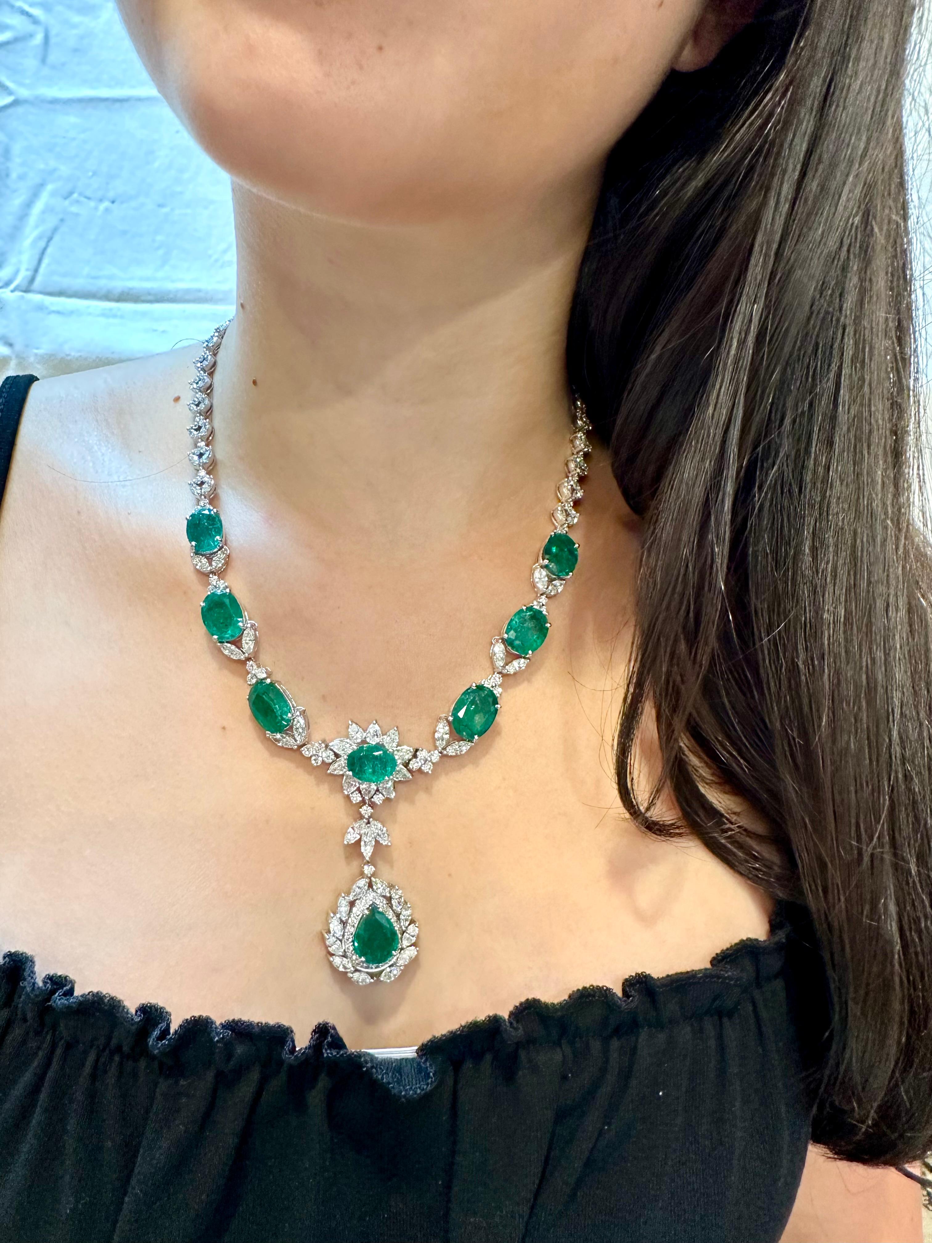 GIA Certified 56 Ct Zambian Emerald & 38 Ct Diamond Fringe Necklace 18KWG Bridal For Sale 13