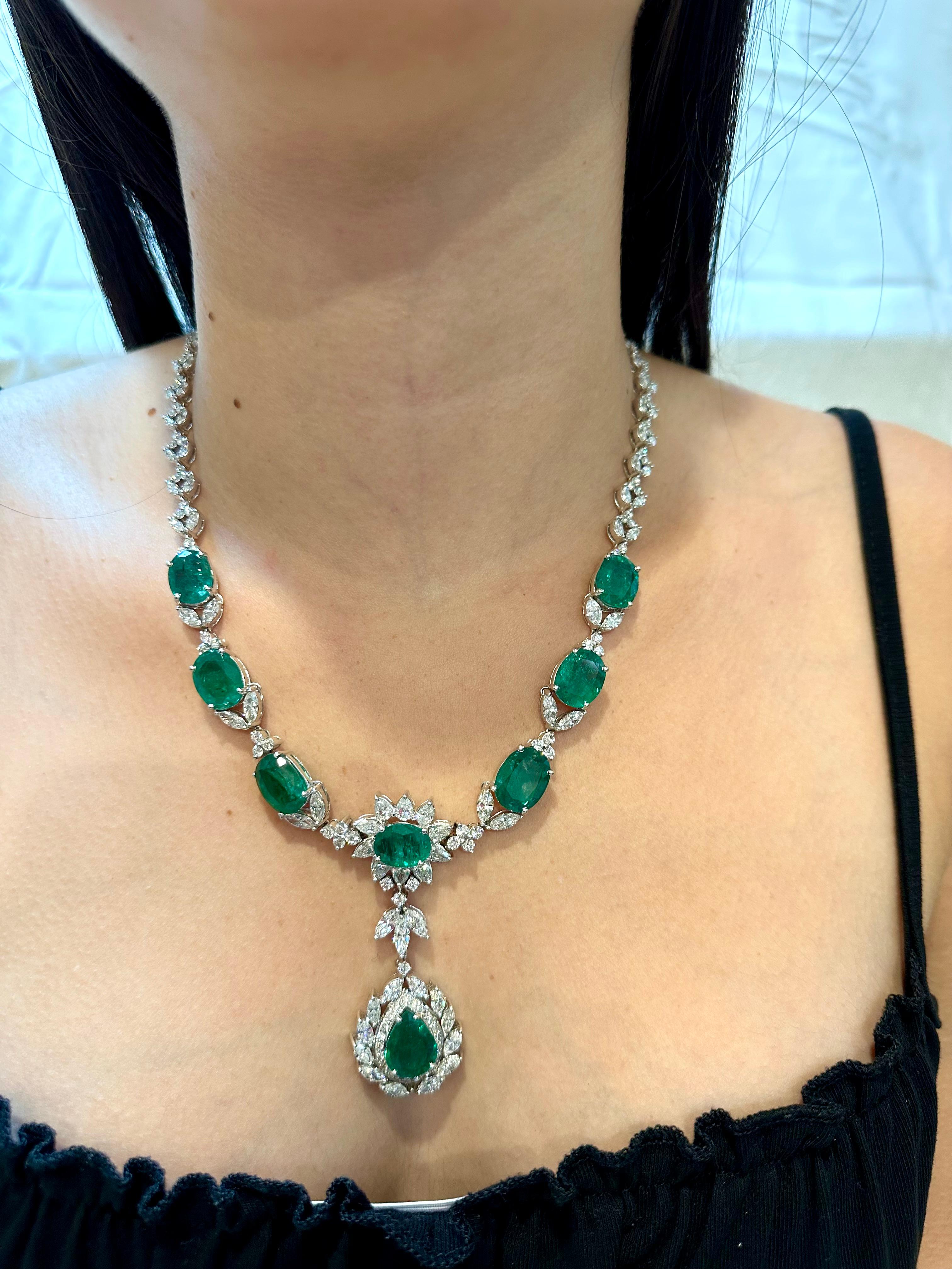 GIA Certified 56 Ct Zambian Emerald & 38 Ct Diamond Fringe Necklace 18KWG Bridal For Sale 14