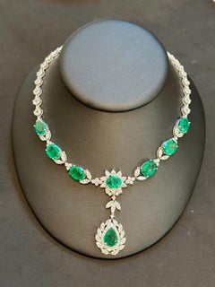 GIA Certified 56 Ct Zambian Emerald & 38 Ct Diamond Fringe Necklace 18KWG Bridal