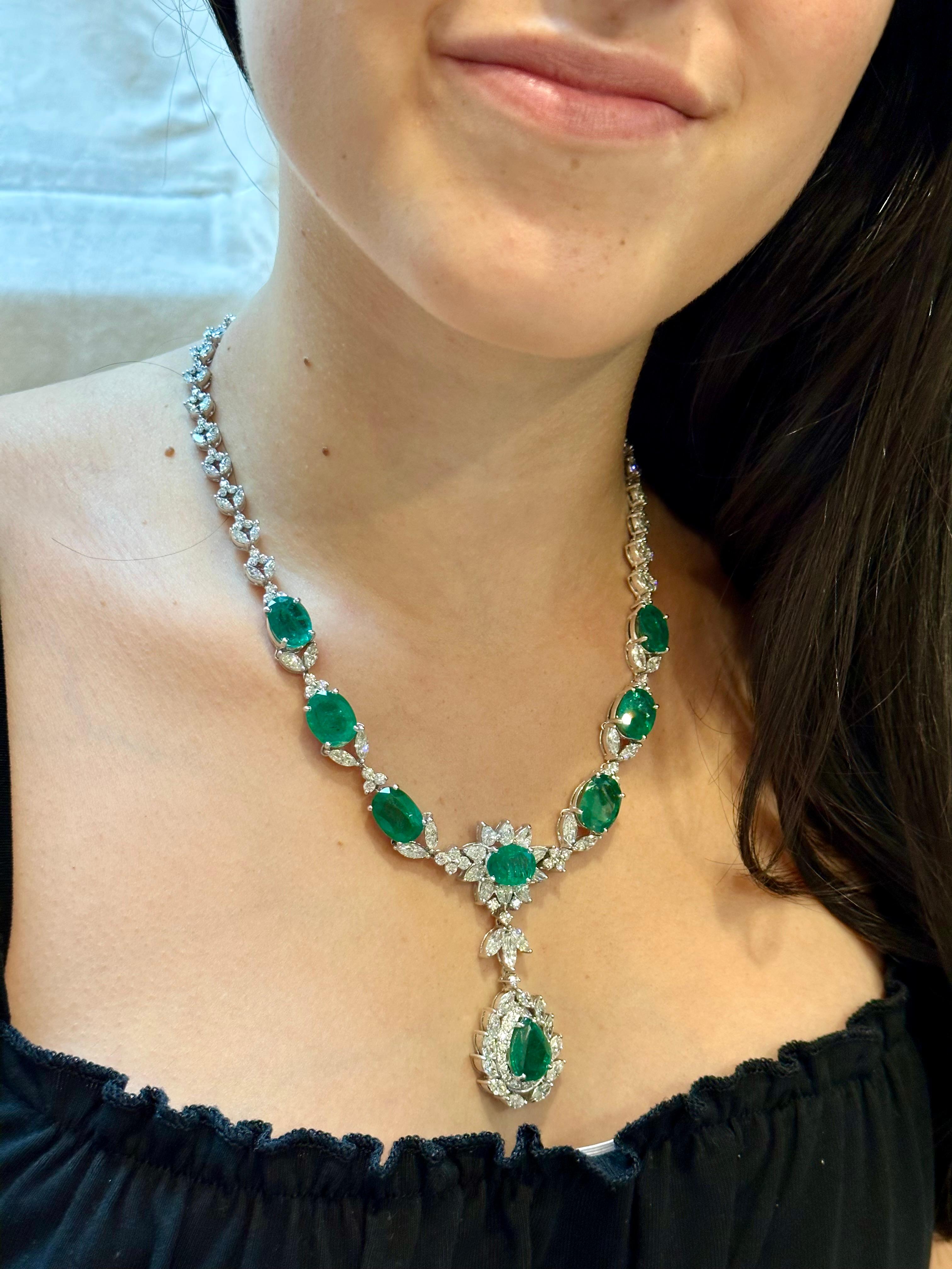 GIA Certified 56 Ct Zambian Emerald & 38 Ct Diamond Fringe Necklace 18KWG Bridal For Sale 15