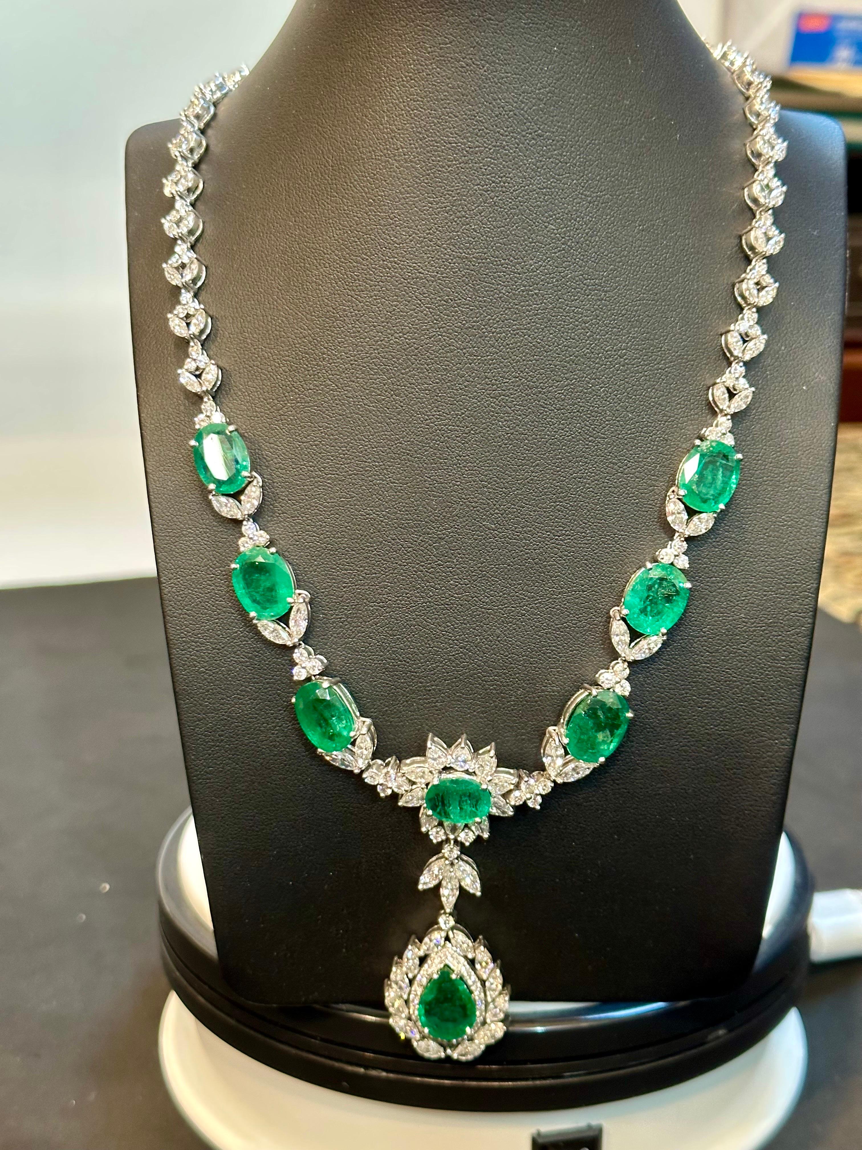 Sugarloaf Cabochon GIA Certified 56 Ct Zambian Emerald & 38 Ct Diamond Fringe Necklace 18KWG Bridal For Sale