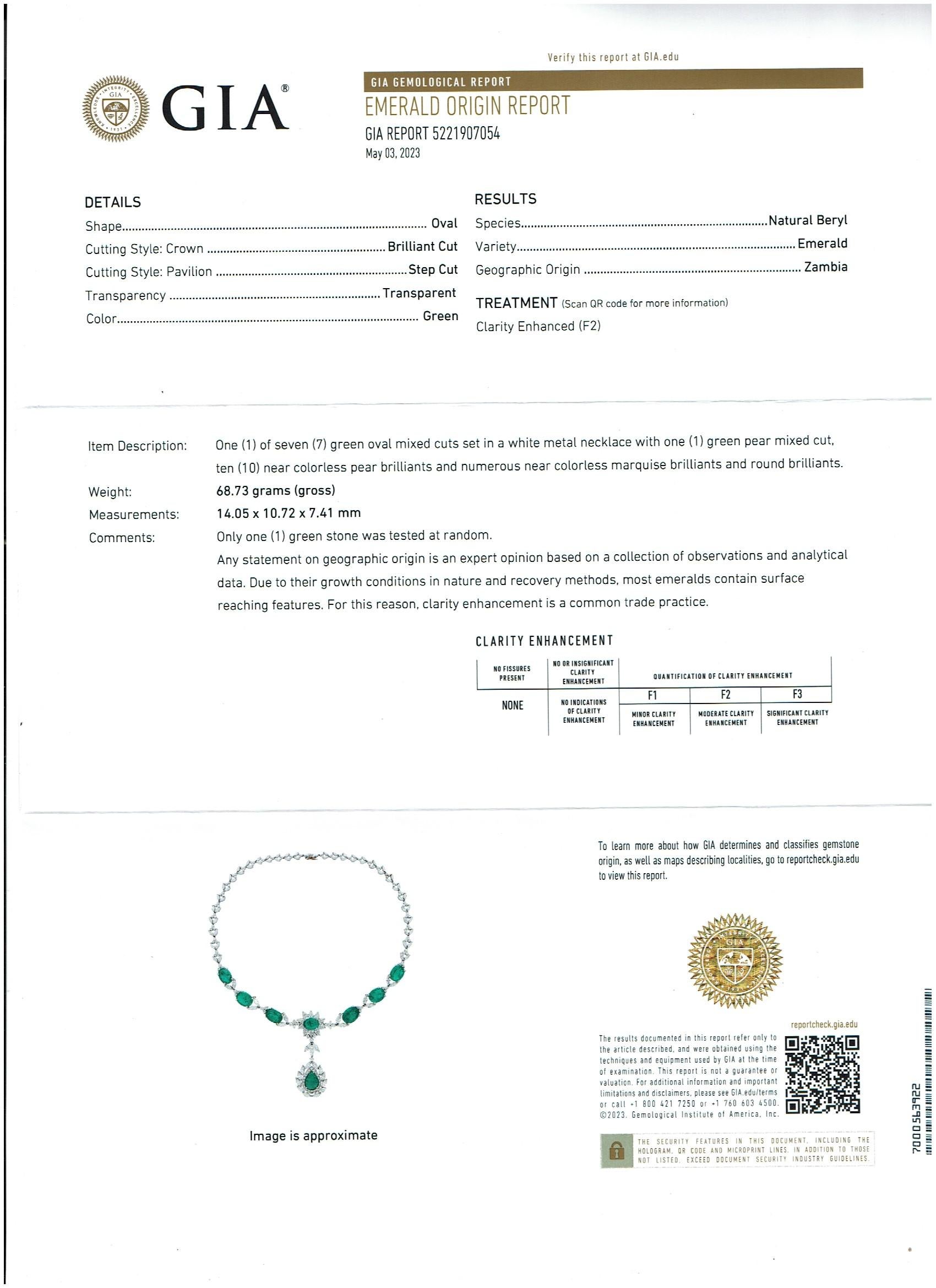 GIA Certified 56 Ct Zambian Emerald & 38 Ct Diamond Fringe Necklace 18KWG Bridal In Excellent Condition For Sale In New York, NY