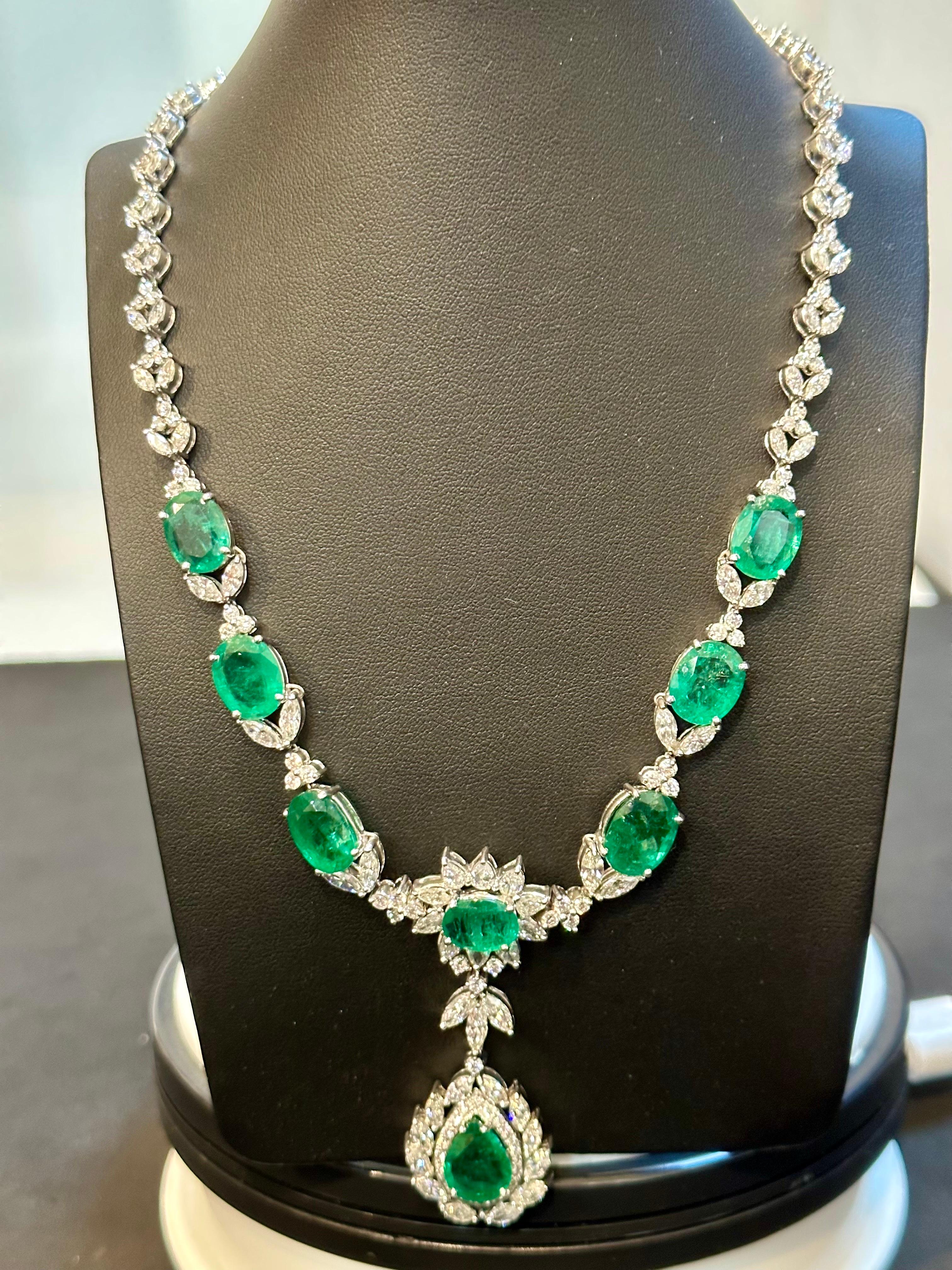 Women's GIA Certified 56 Ct Zambian Emerald & 38 Ct Diamond Fringe Necklace 18KWG Bridal For Sale