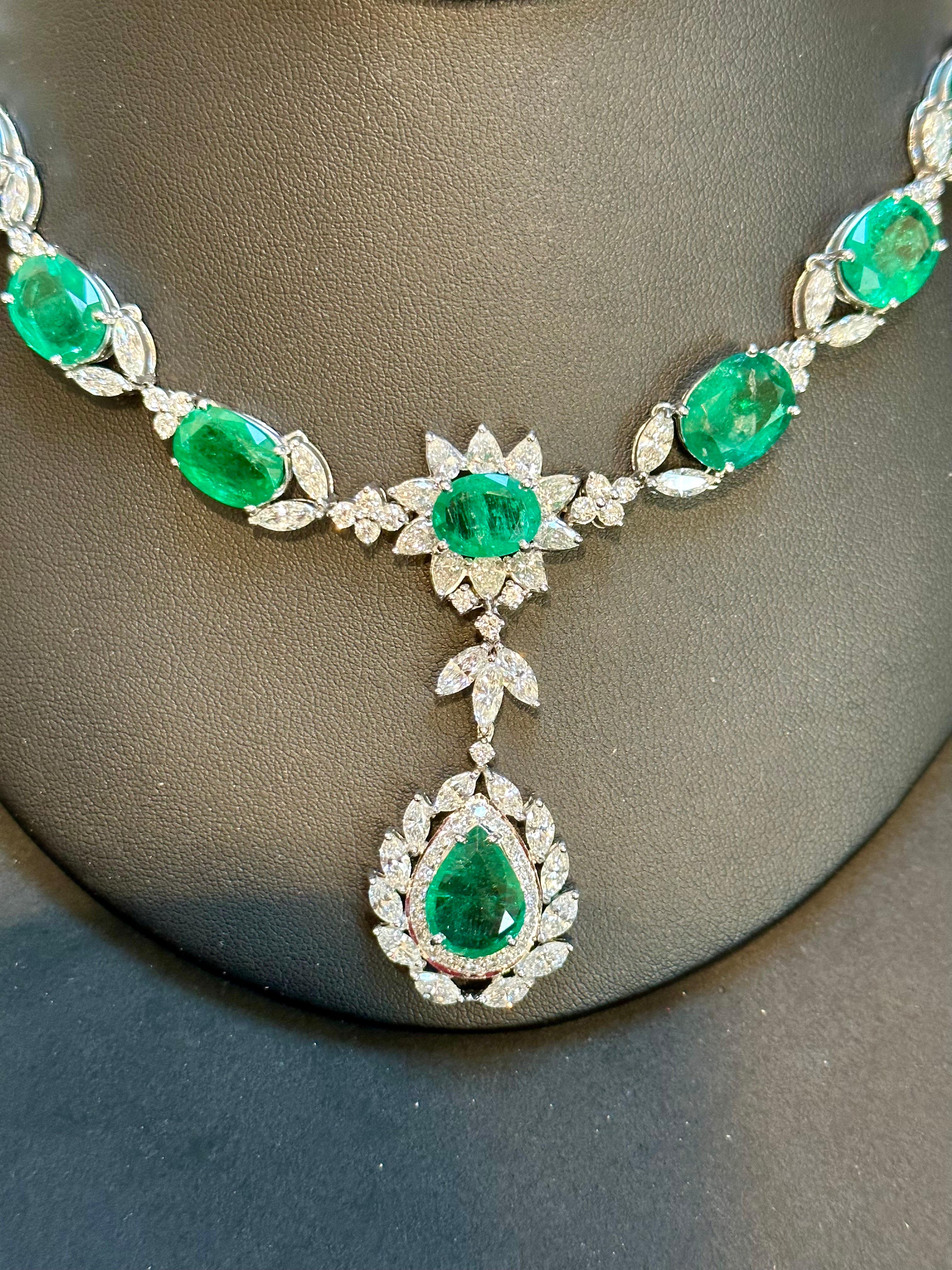 GIA Certified 56 Ct Zambian Emerald & 38 Ct Diamond Fringe Necklace 18KWG Bridal For Sale 1