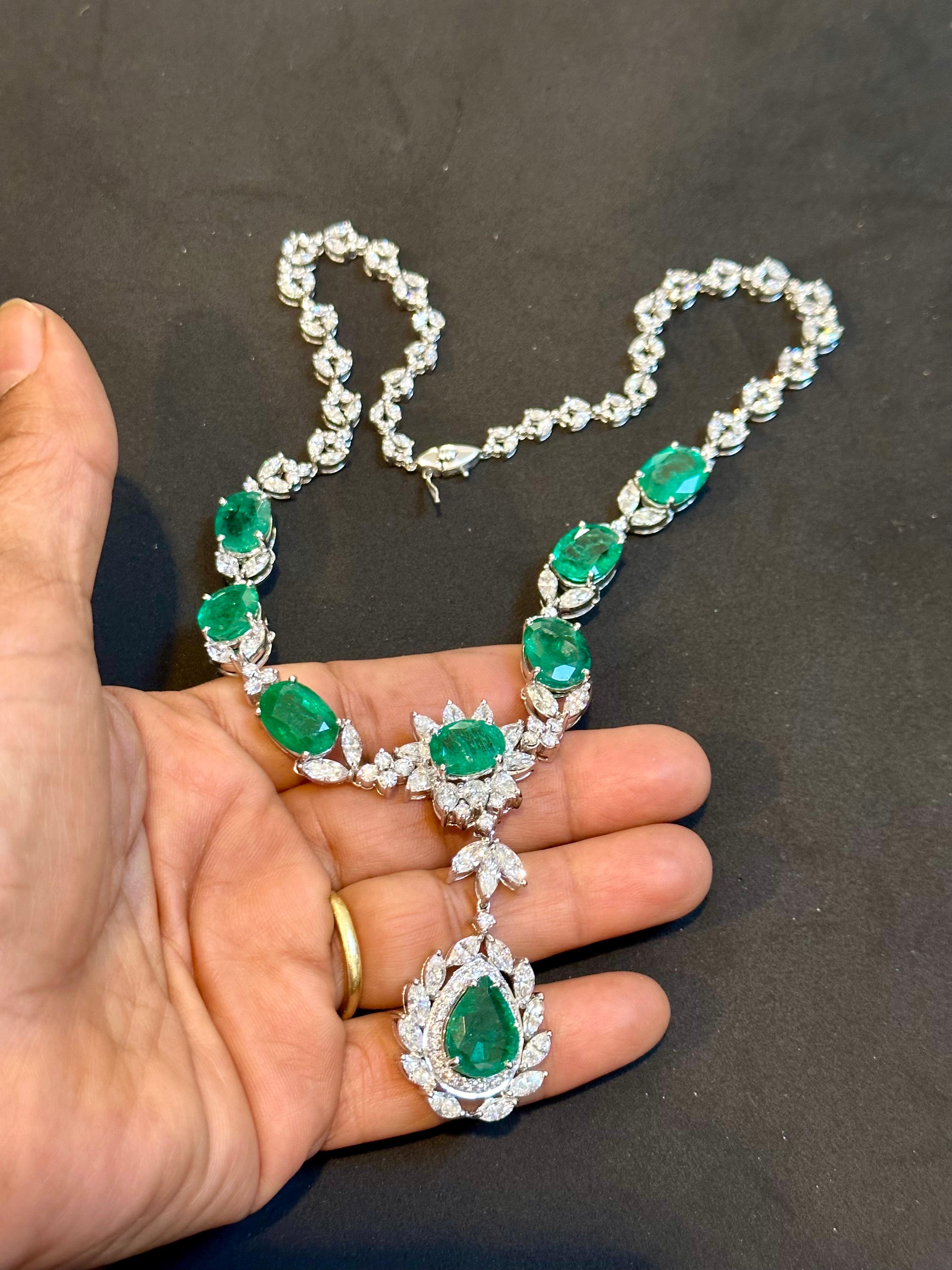 GIA Certified 56 Ct Zambian Emerald & 38 Ct Diamond Fringe Necklace 18KWG Bridal For Sale 2