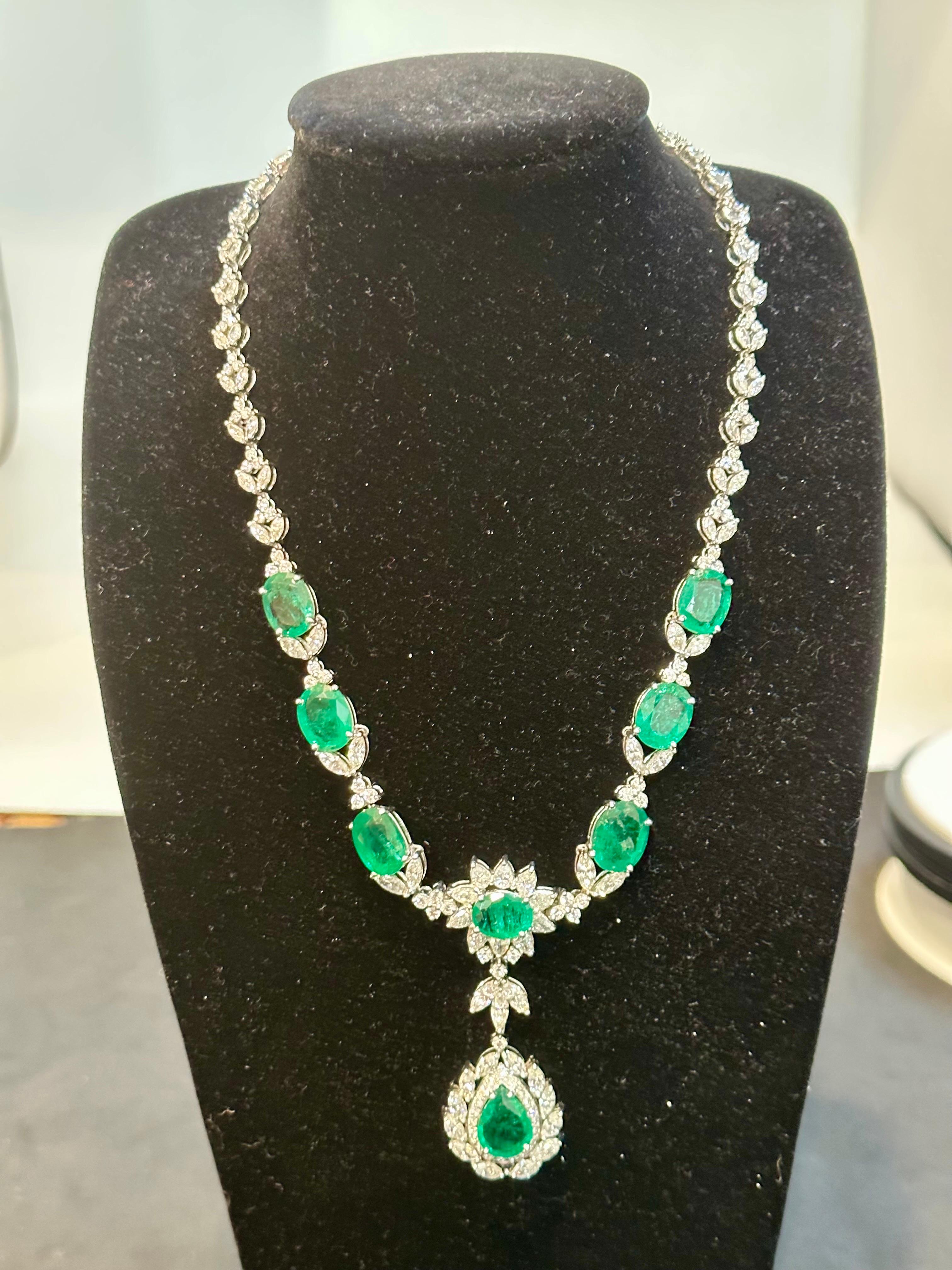 GIA Certified 56 Ct Zambian Emerald & 38 Ct Diamond Fringe Necklace 18KWG Bridal For Sale 3