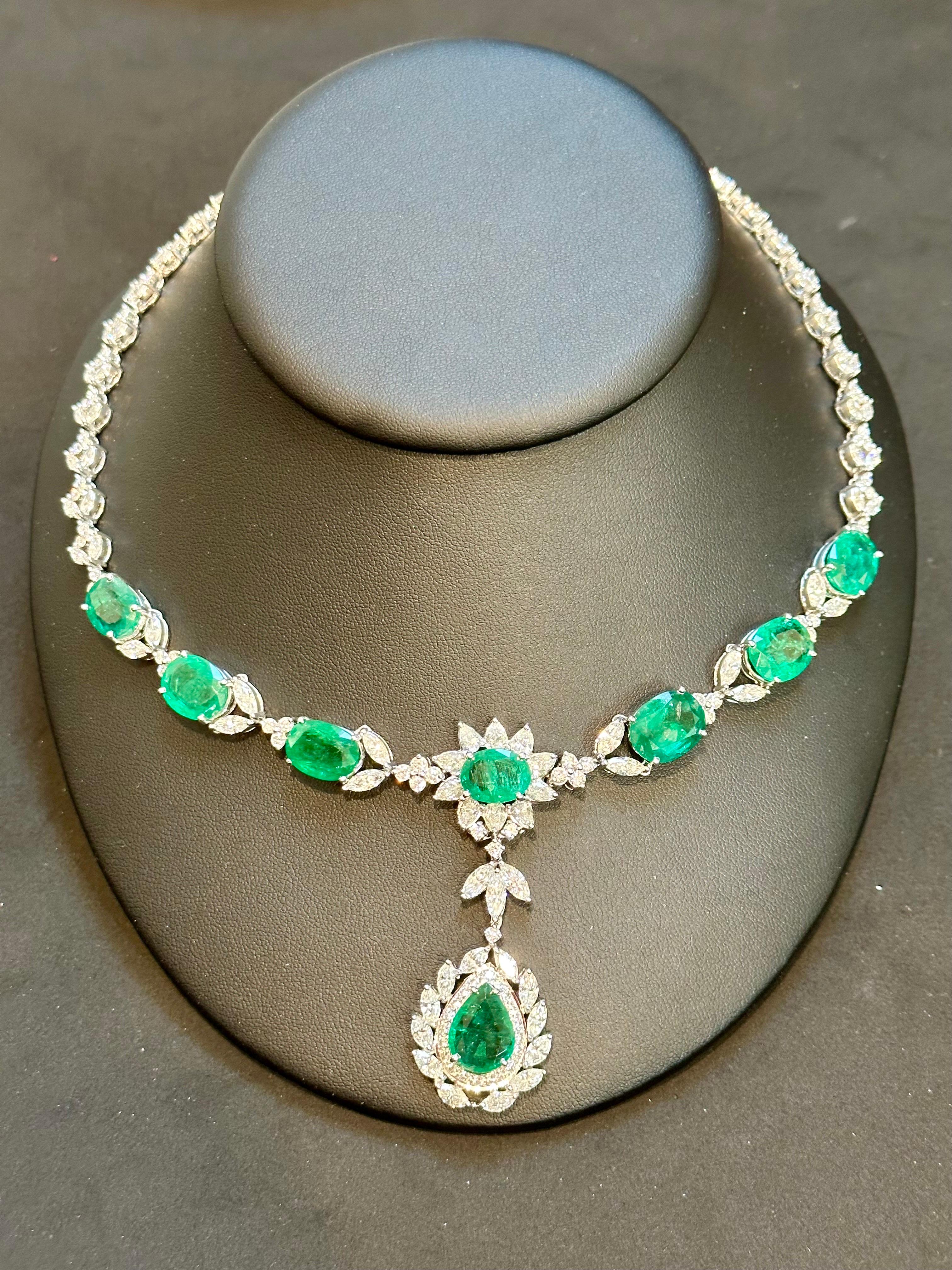 GIA Certified 56 Ct Zambian Emerald & 38 Ct Diamond Fringe Necklace 18KWG Bridal For Sale 4