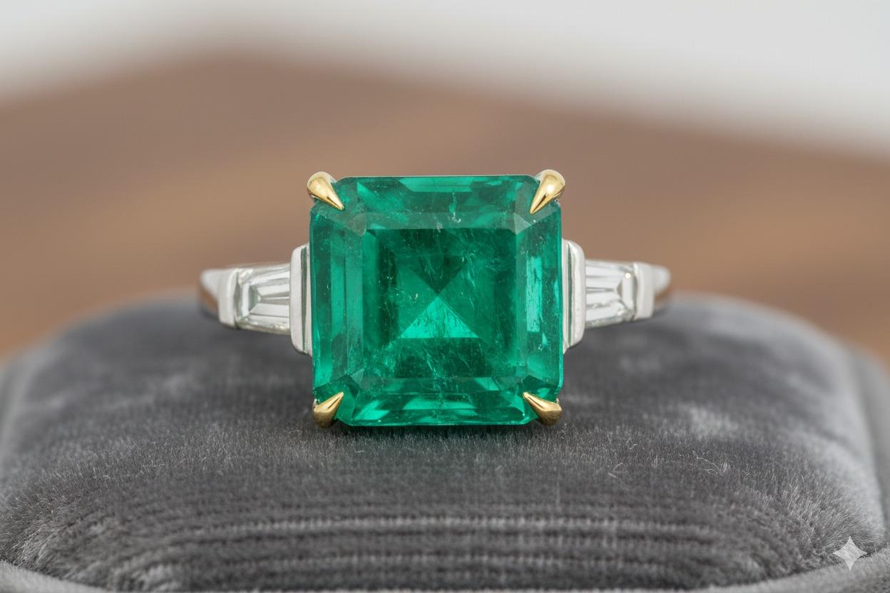 Dieser exquisite Ring ist mit einem GIA-zertifizierten kolumbianischen Smaragd von 5,60 Karat besetzt, der in einem klassischen achteckigen Stufenschliff einen leuchtenden natürlichen Grünton aufweist. Der Smaragd ist ohne Käfigfassung montiert, so