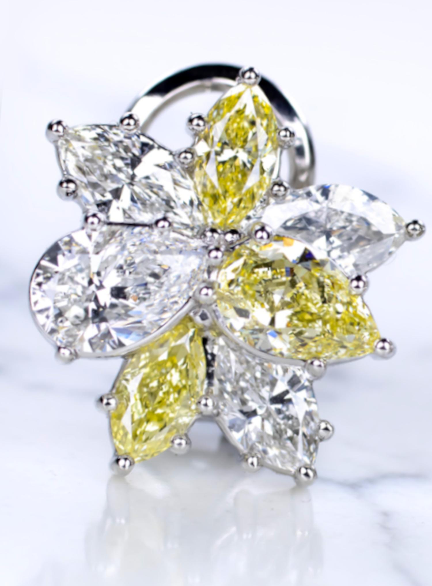 Modern GIA Certified 5.60 Carat Fancy Yellow White Diamond Platinum Cluster Earrings For Sale
