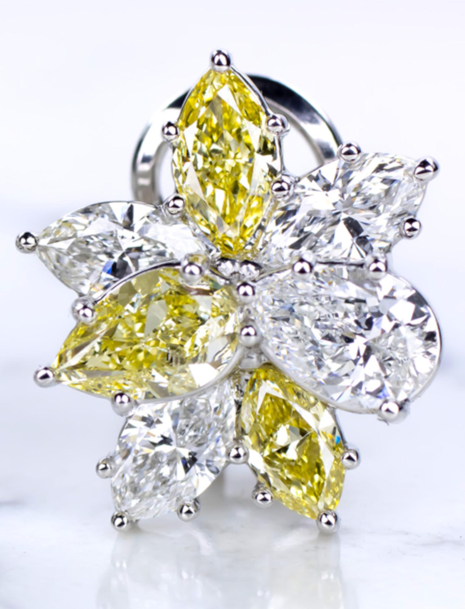 Pear Cut GIA Certified 5.60 Carat Fancy Yellow White Diamond Platinum Cluster Earrings For Sale