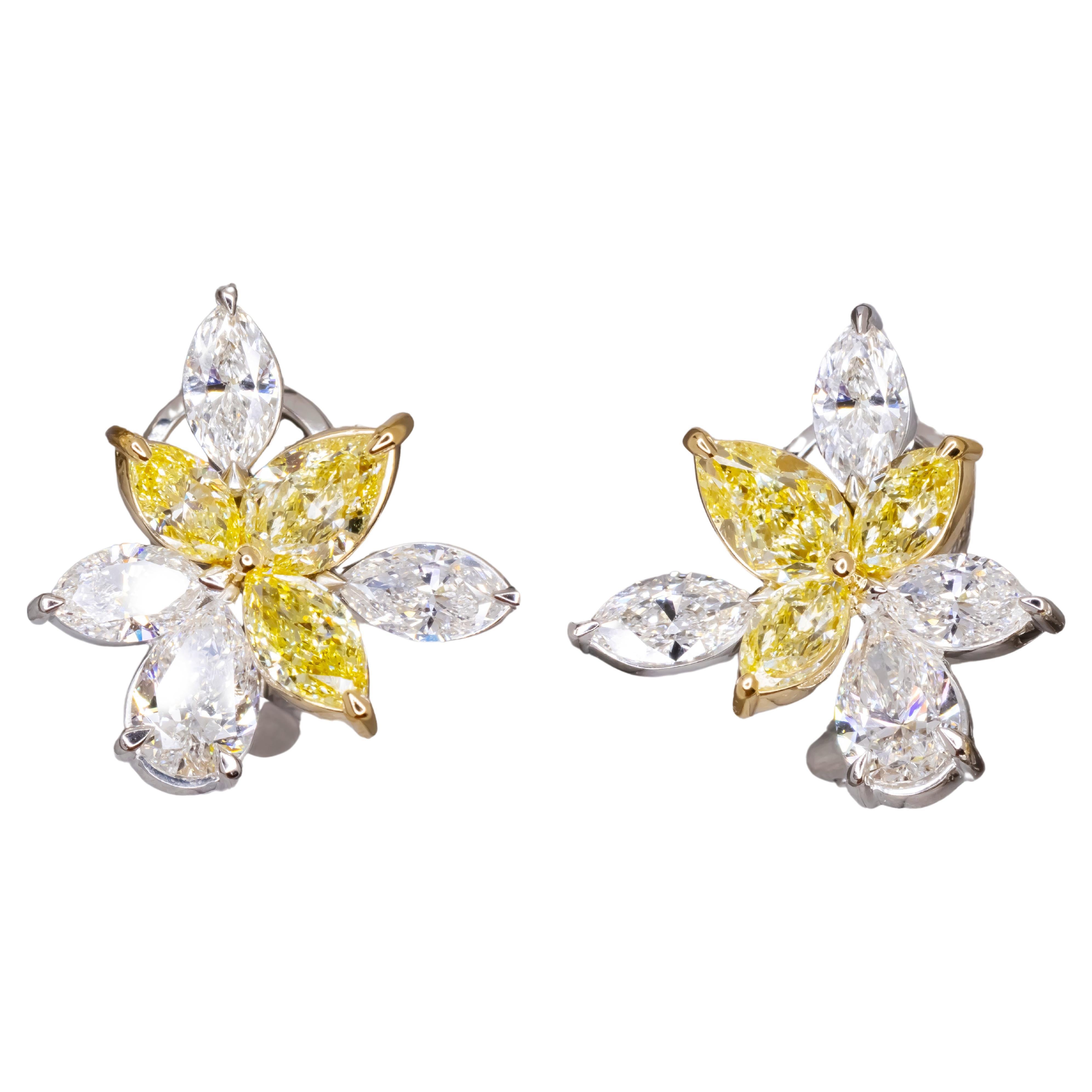 Boucles d'oreilles en platine avec grappe de diamants certifiés GIA de 5,60 carats de couleur jaune blanc fantaisie
