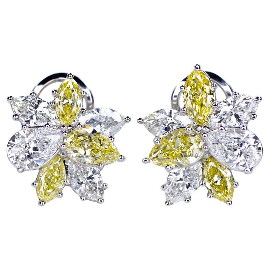 GIA Certified 5.60 Carat Fancy Yellow White Diamond Platinum Cluster Earrings For Sale