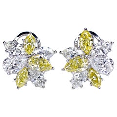 GIA Certified 5.60 Carat Fancy Yellow White Diamond Platinum Cluster Earrings