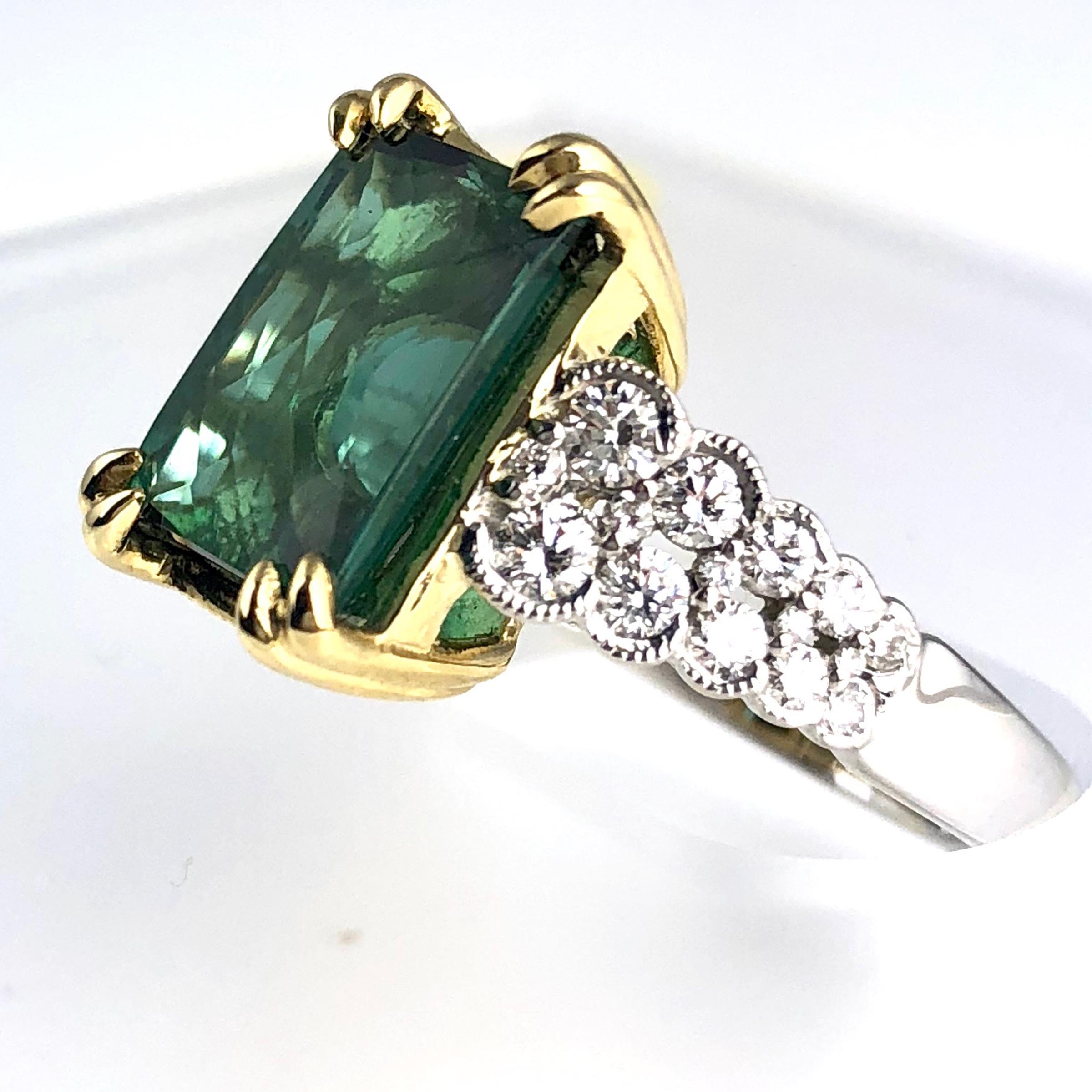 Contemporary GIA Certified 5.60 Carat Rose Cut Forest Green Tourmaline and Diamond Ring