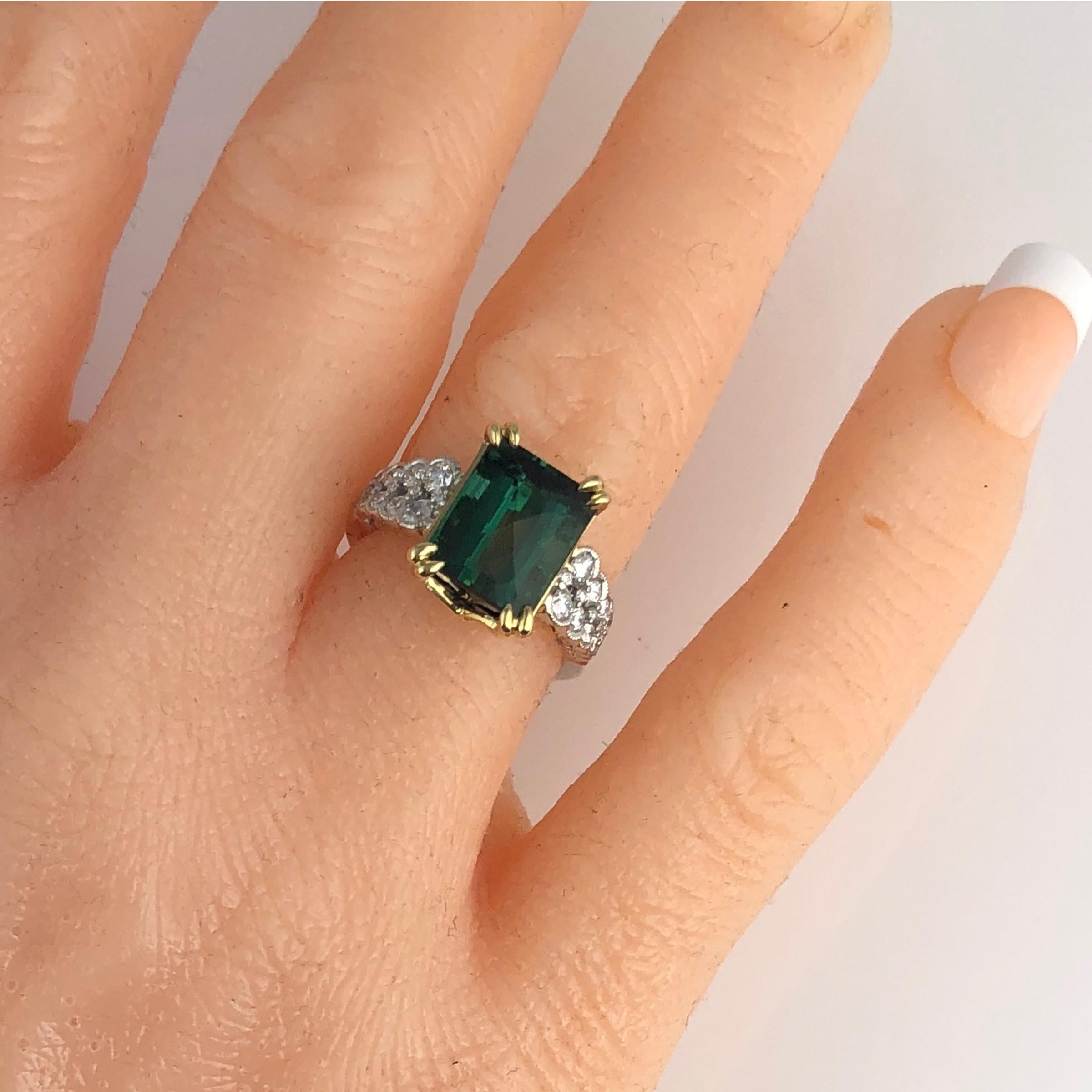 GIA Certified 5.60 Carat Rose Cut Forest Green Tourmaline and Diamond Ring In New Condition In New York, NY