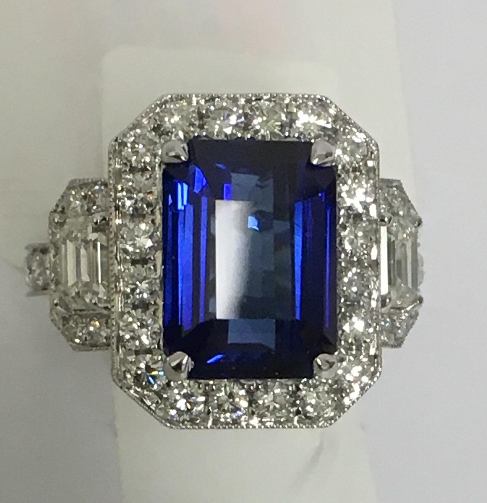 Emerald Cut GIA Certified 5.60 Carat Sapphire Diamond Cocktail Ring