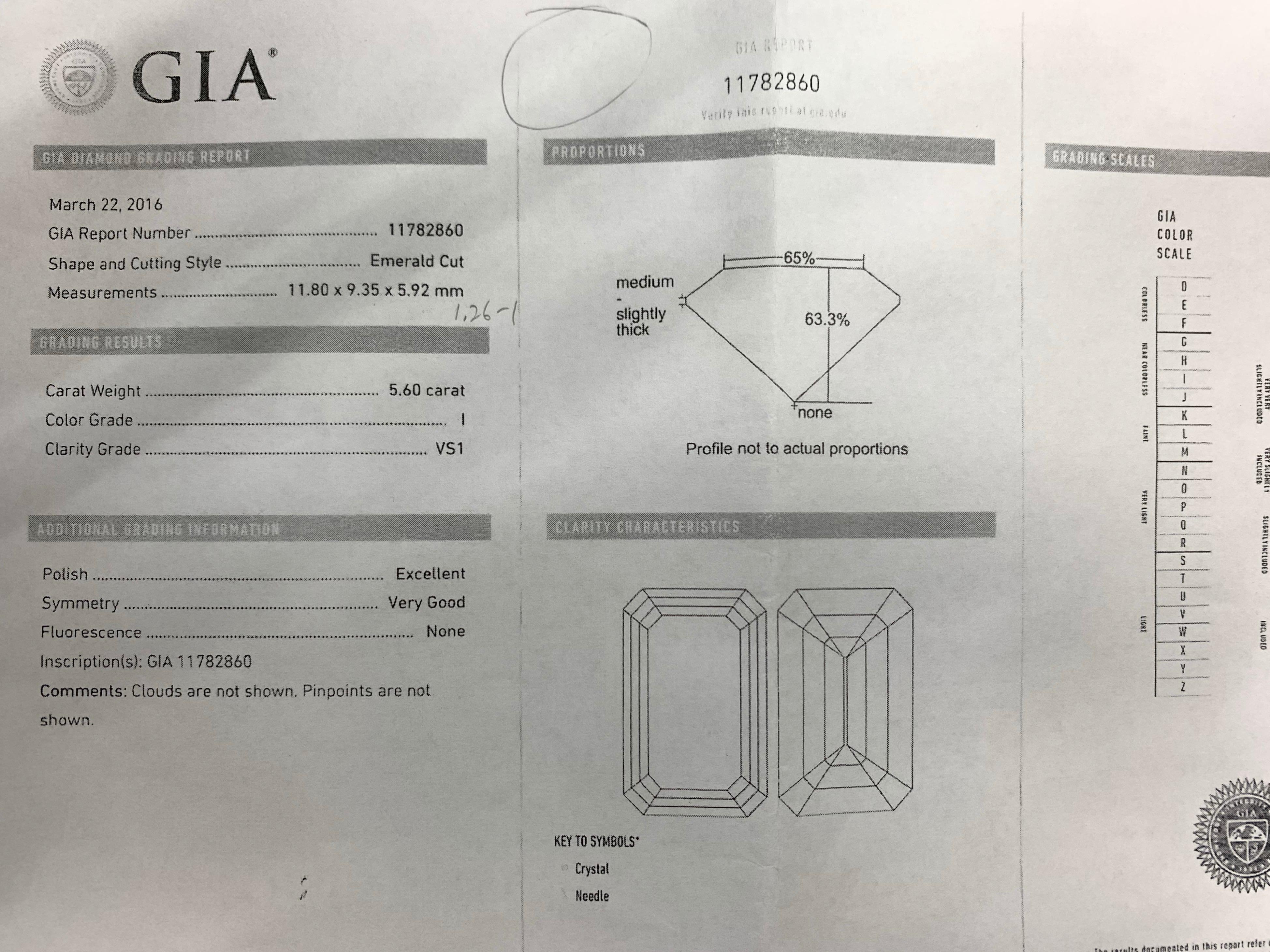 GIA Certified 5.60 Carat Natural Emerald Cut Diamond I VS1 None Engagement Ring 1