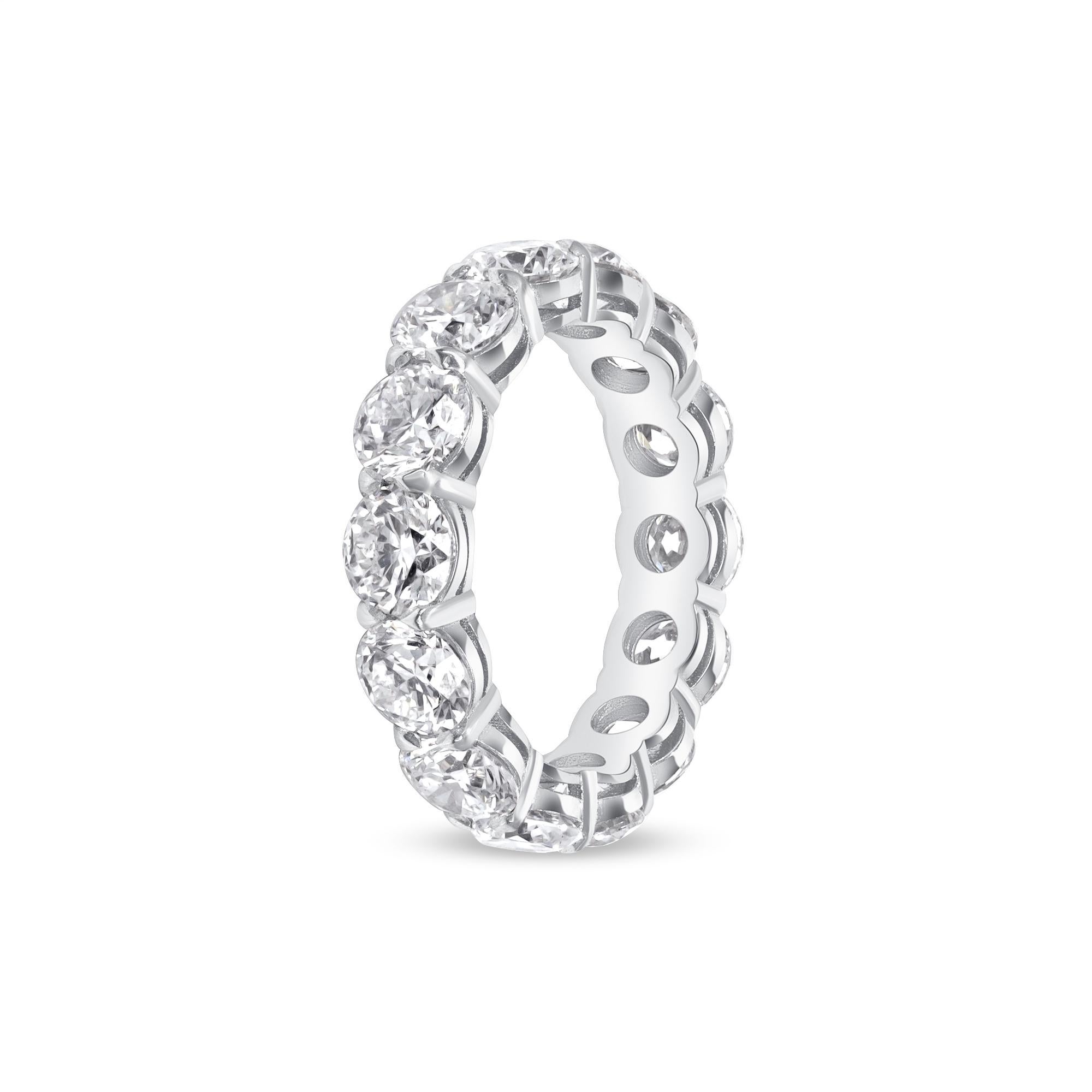Round Brilliant Diamond Eternity Band in Platinum. This all occasions eternity band has fourteen round GIA certified diamonds D-E color, VVS2 clarity, with a total weight. of 5.62 carats.
