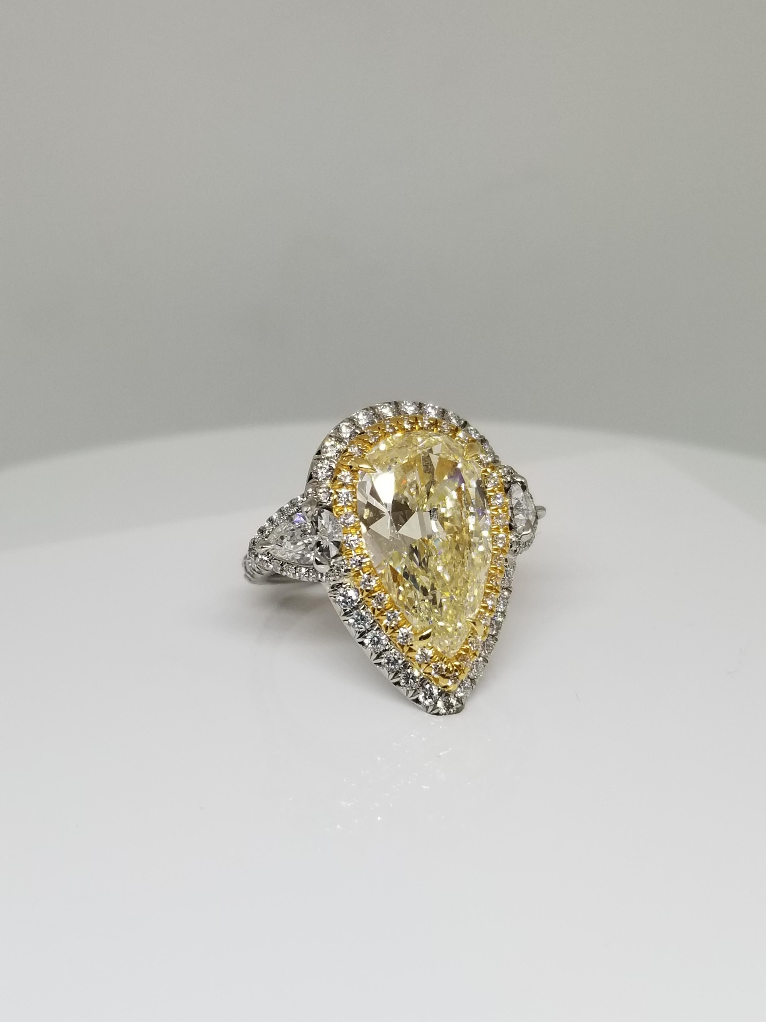 Women's or Men's GIA Certified 5.66 Carat Natural Pear Shape Diamond Ring 2-Tone