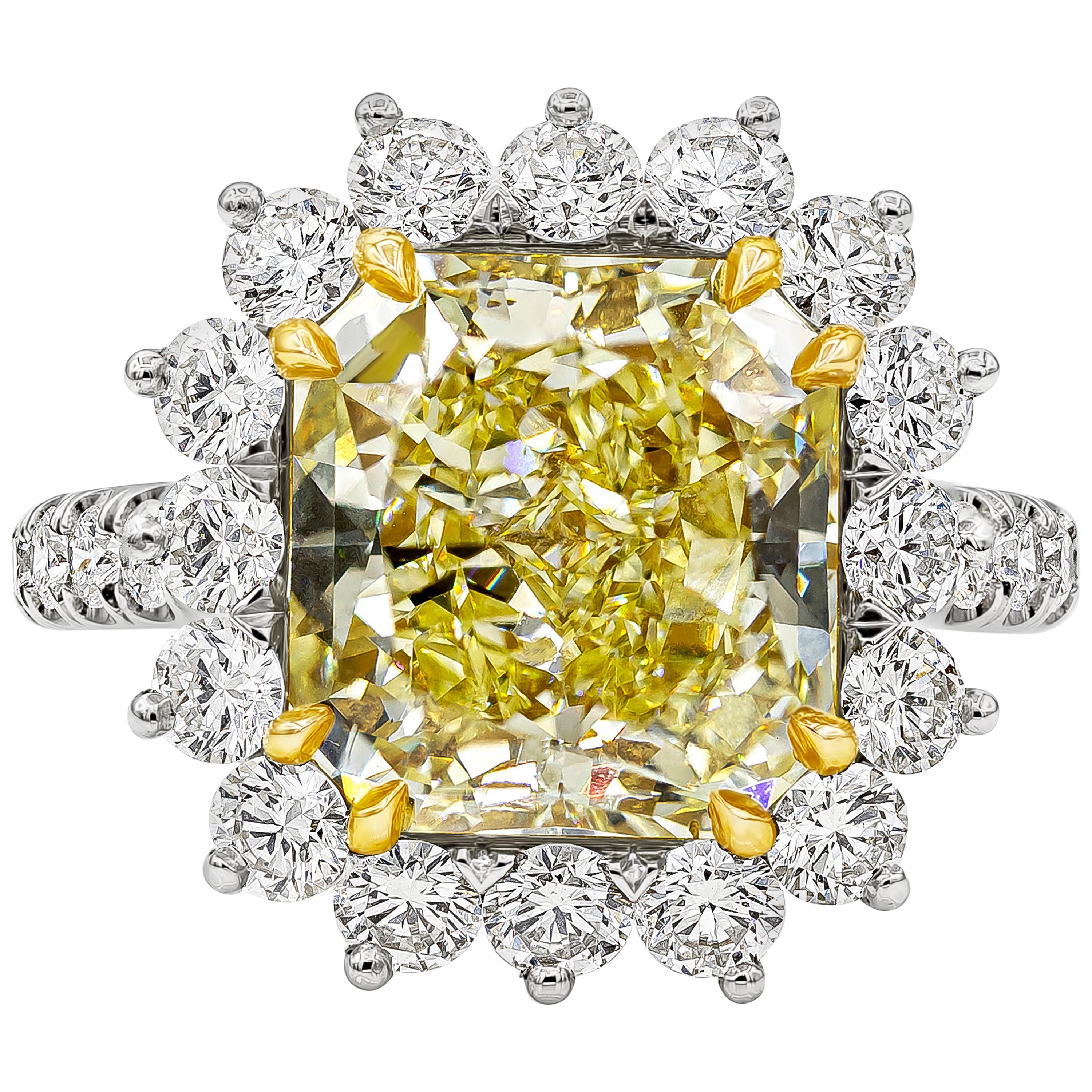 GIA Certified 5.66 Carat Radiant Cut Yellow Diamond Halo Engagement Ring
