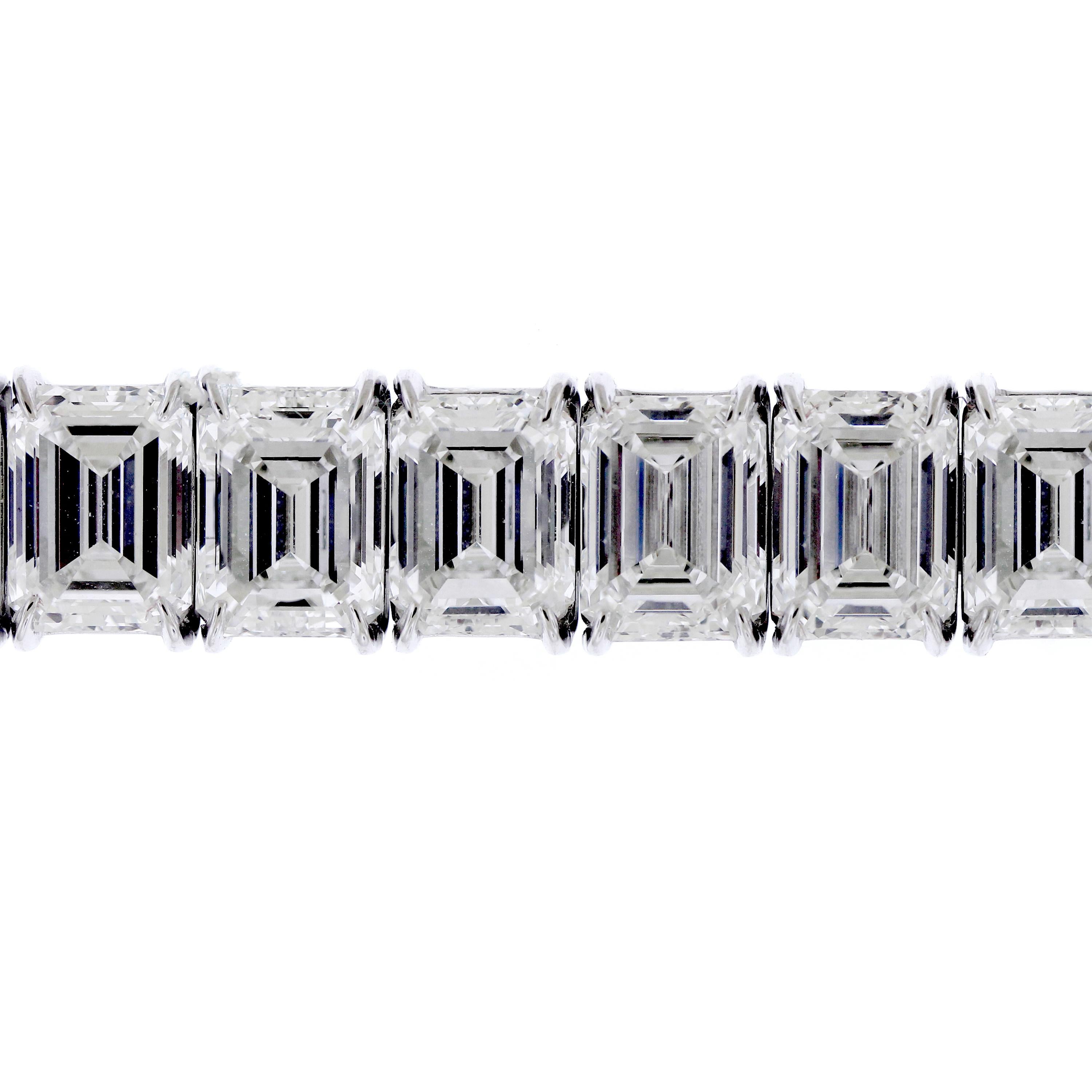 GIA Certified 56.62 Carat Emerald Cut Diamond Tennis Bracelet. 

Diamonds: Apprx. 56.62 carat Emerald Cut diamonds. Diamonds are H/I in color and VS2-VVS1 in clarity.  28 Emerald Cut Diamonds total. Diamonds average 2 carat each.

Each single