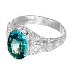 GIA Certified 5.68 Carat Natural Oval Blue Zircon Gold Art Deco Engagement Ring