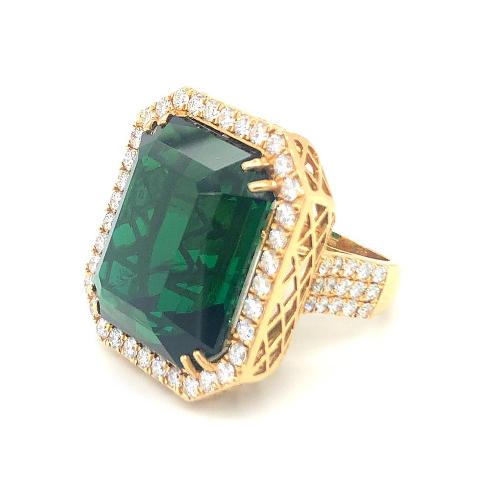 Octagon Cut GIA Certified 56.86 Carat Green Turmaline Diamond Ring For Sale