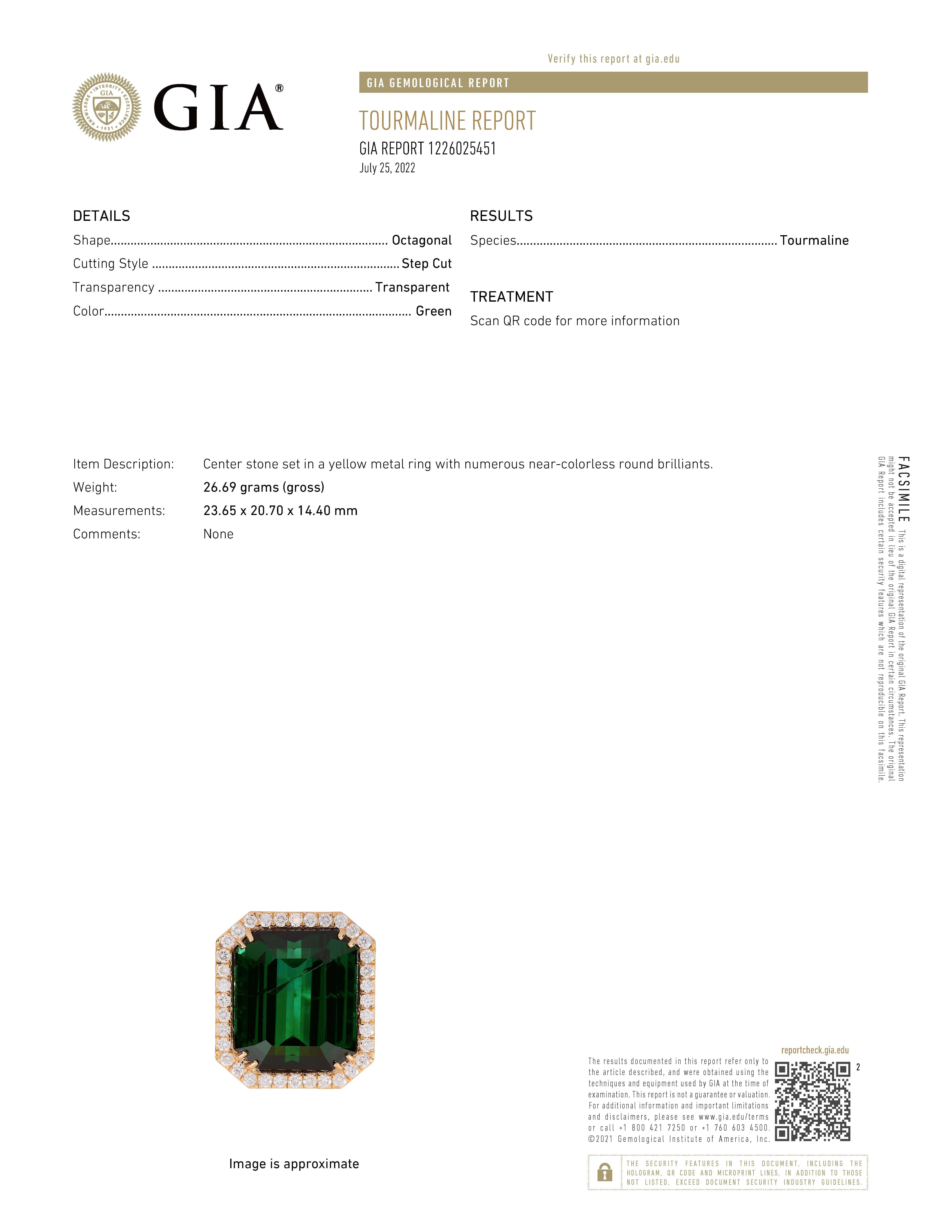 GIA Certified 56.86 Carat Green Turmaline Diamond Ring For Sale 2