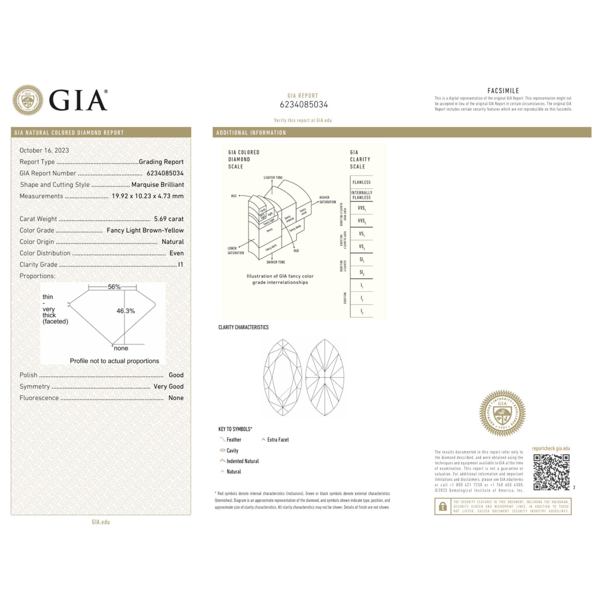 GIA Certified 5.69 Carat Fancy Light Brown-Yellow Marquise Diamond Ring In Good Condition For Sale In Miami, FL