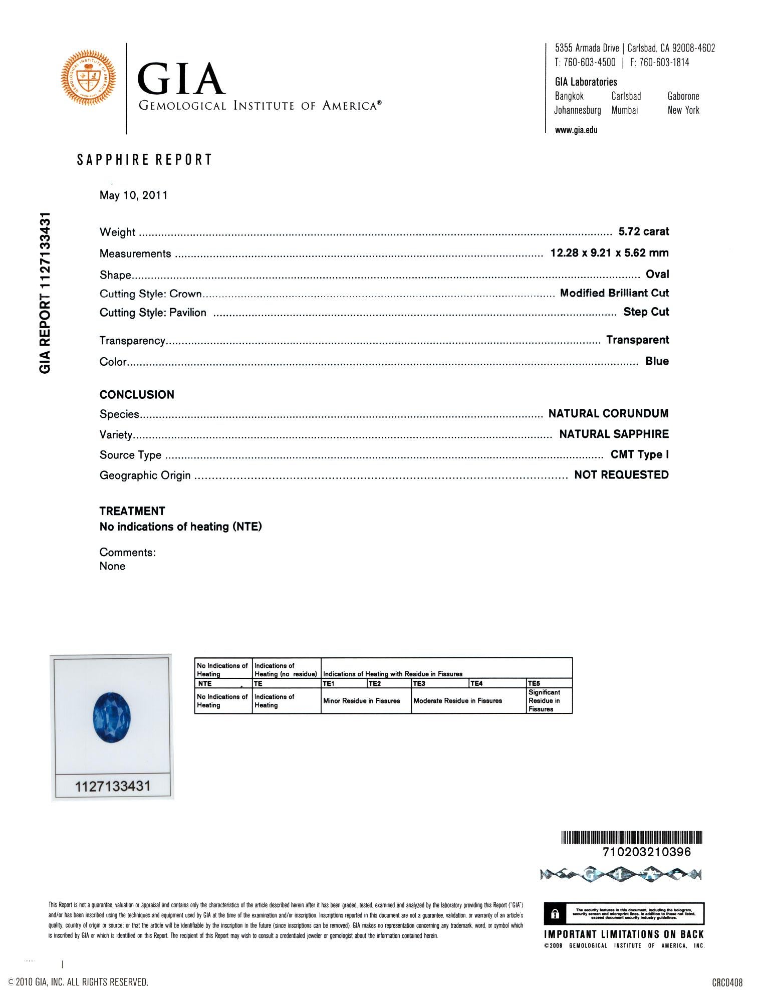 Women's or Men's GIA Certified 5.72 Carat Sri-Lanka Ceylon Oval Blue Sapphire Diamond Ring For Sale