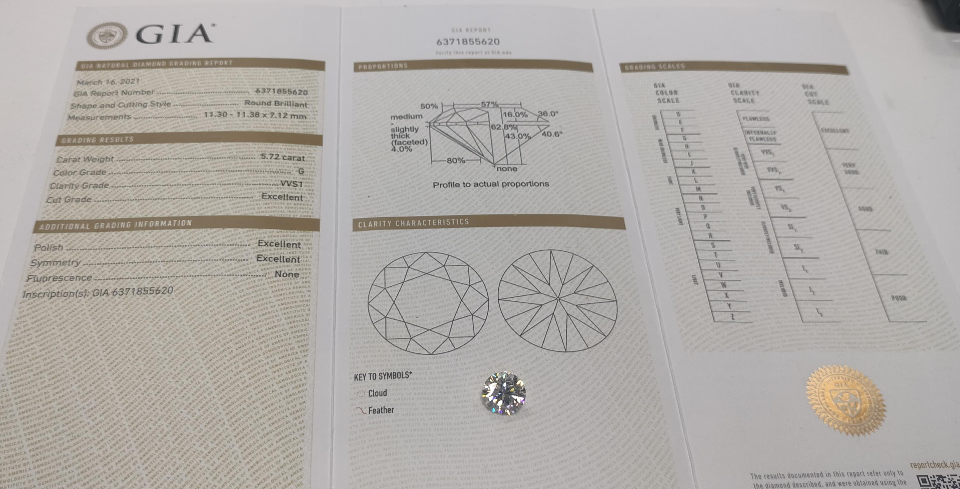Modernist GIA Certified 5.72 G VVS1 3EX None Diamond For Sale
