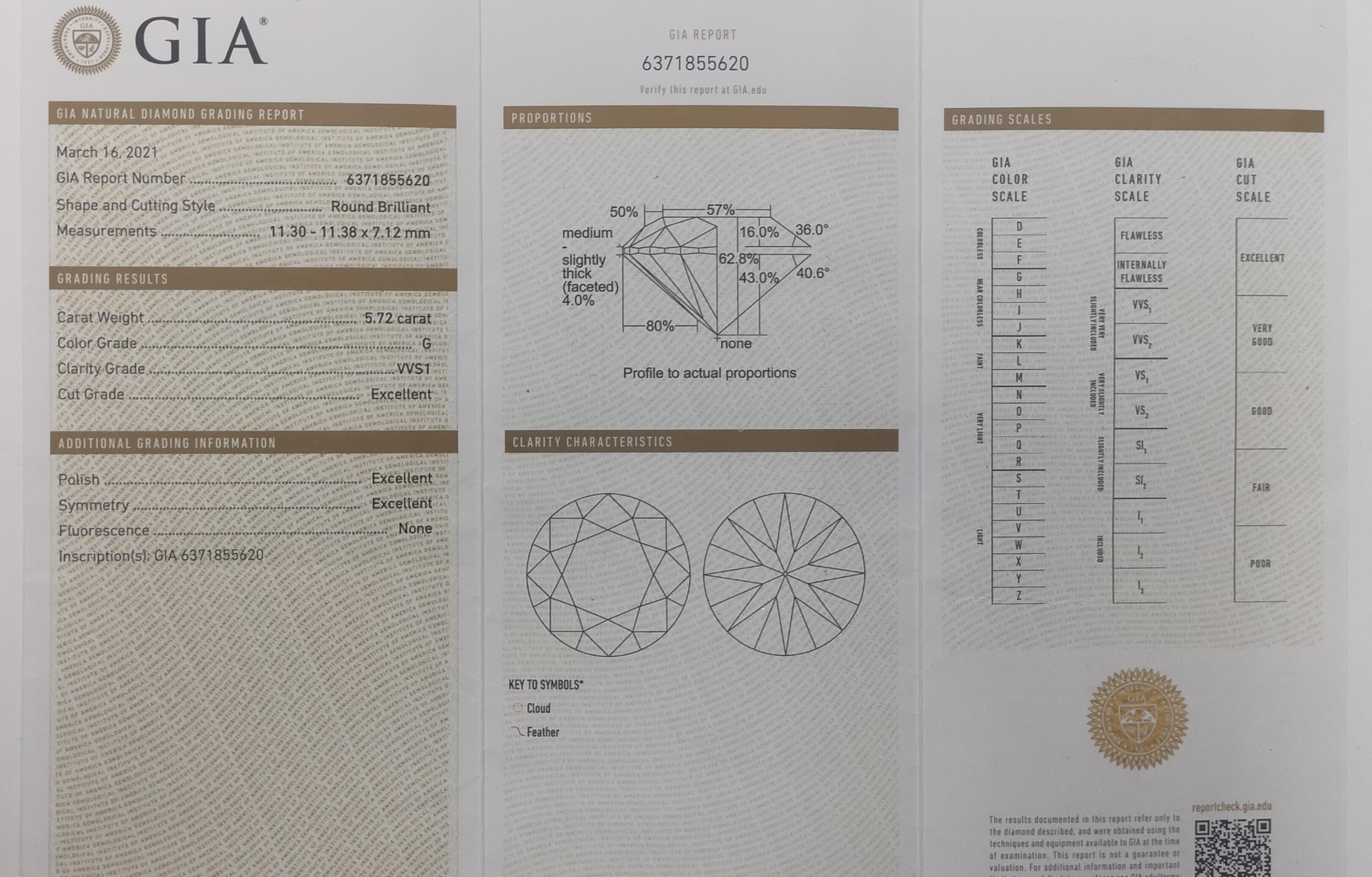 Round Cut GIA Certified 5.72 G VVS1 3EX None Diamond For Sale