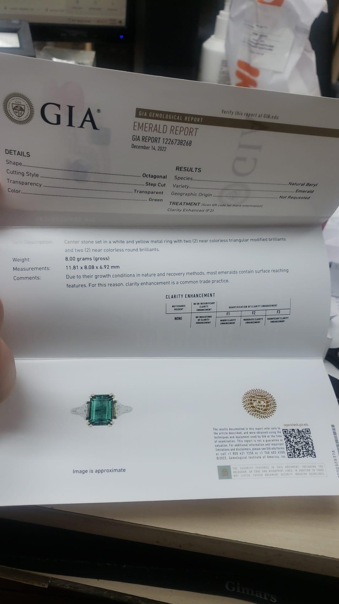 Women's GIA Certified 5.75 Carat Green Emerald Diamond Ring For Sale