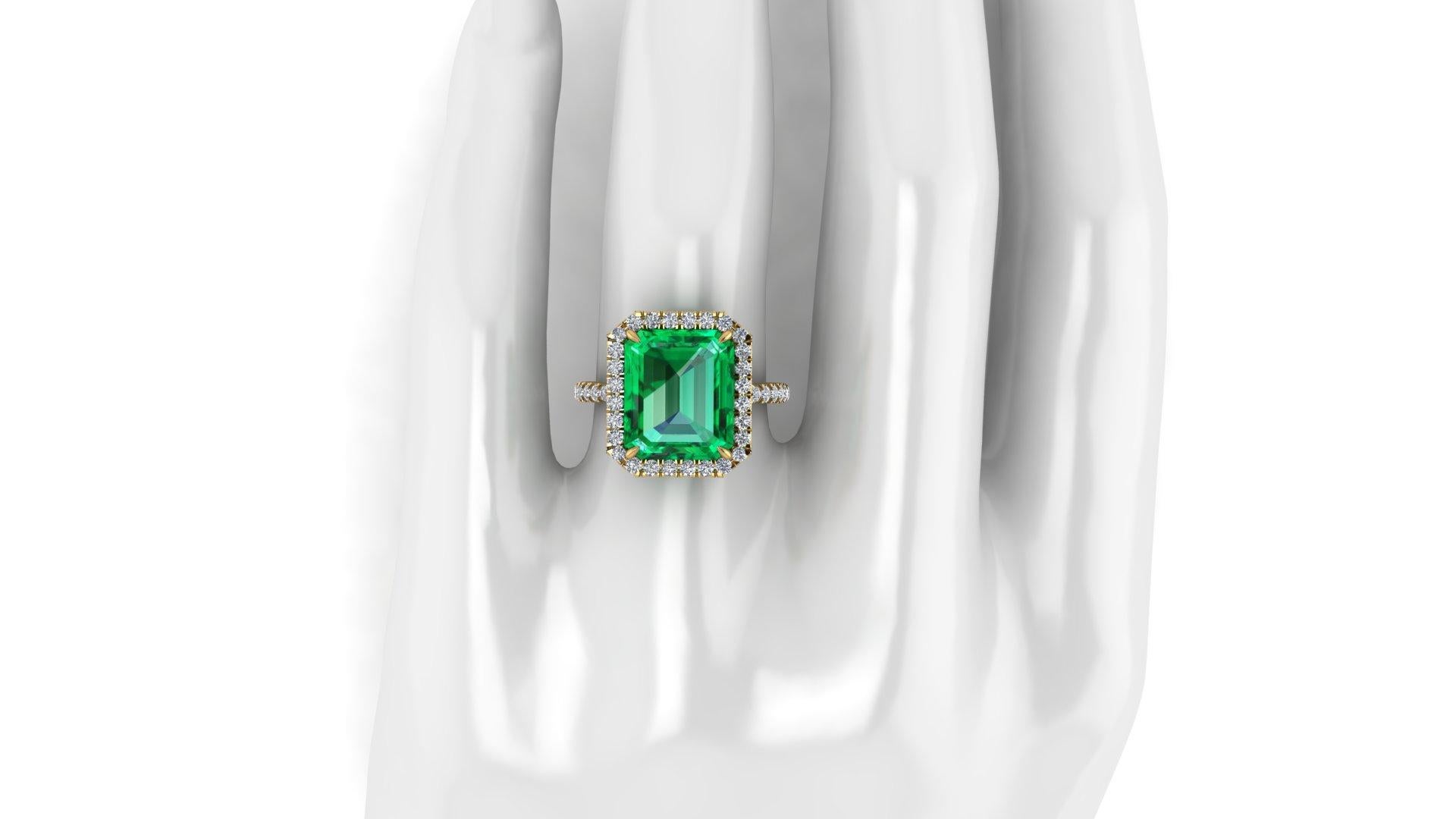 GIA Certified 5.75 Ct Emerald and Diamond Halo 18k Yellow Gold Ring 2
