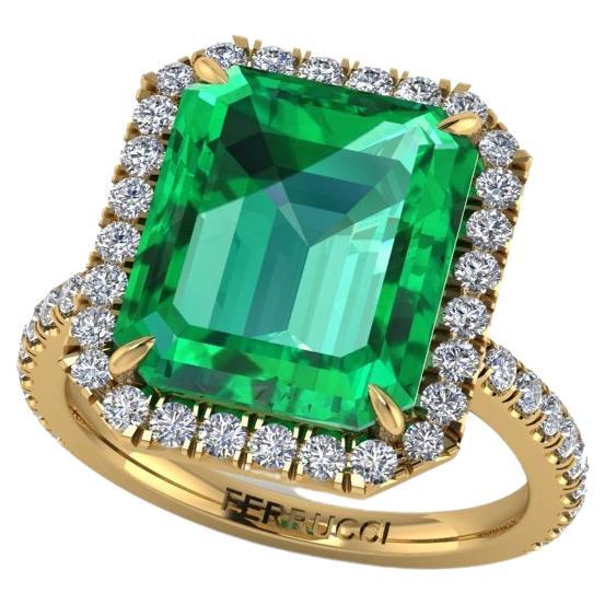 GIA Certified 5.75 Ct Emerald and Diamond Halo 18k Yellow Gold Ring