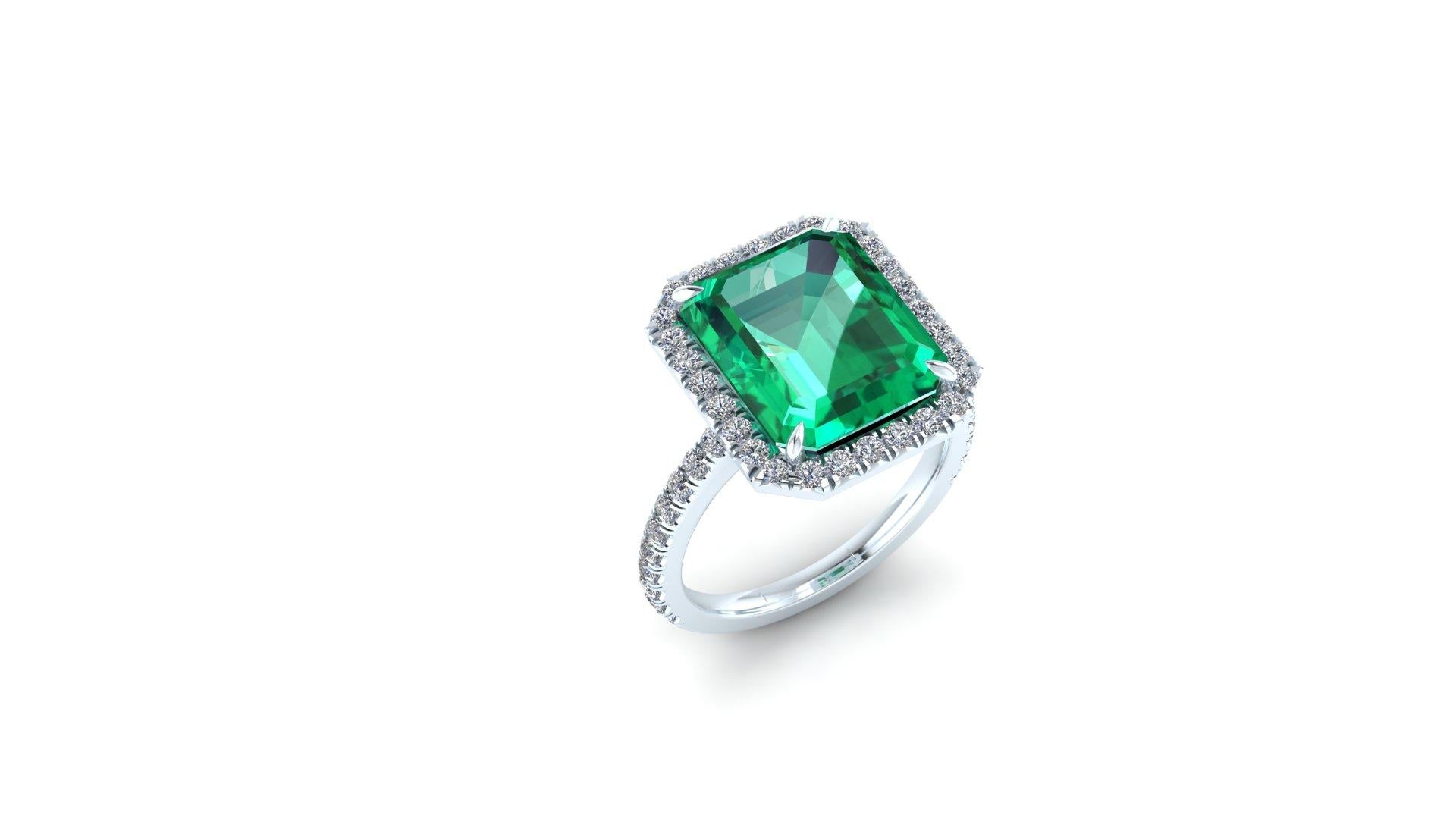 GIA Certified 5.75 Ct Emerald and Diamond Halo Platinum 950 ring In New Condition In New York, NY