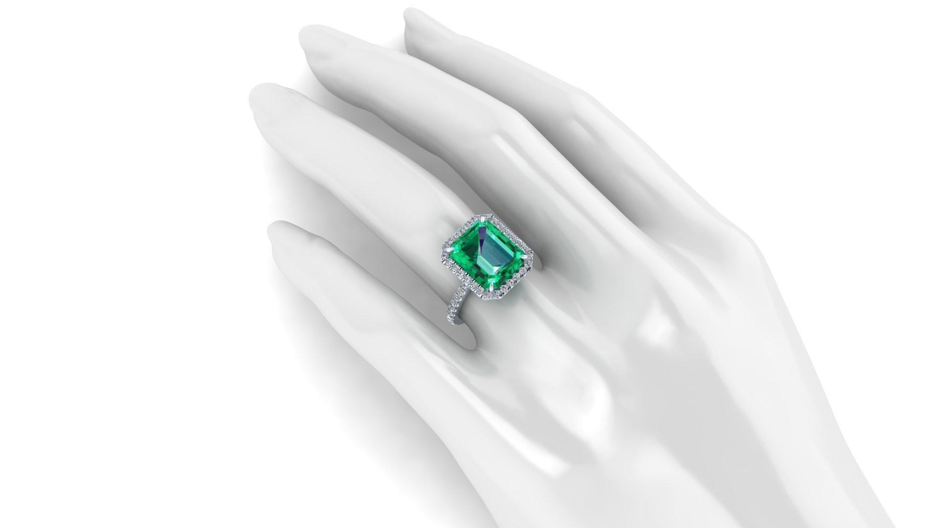 GIA Certified 5.75 Ct Emerald and Diamond Halo Platinum 950 ring 3