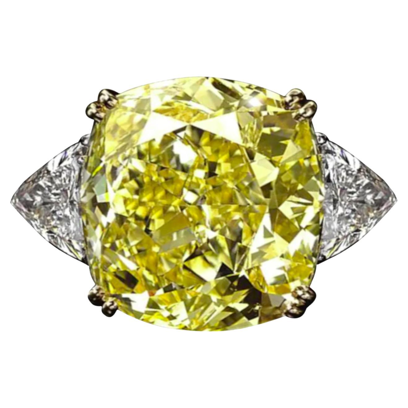GIA Certified 5.76 Carat Fancy Yellow Cushion Cut Diamond Ring with Trillion For Sale
