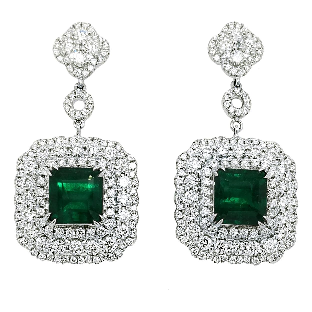 GIA Certified 5.78 Carat Emerald Earrings in 18 Karat Gold with 3.87 Ct Diamonds For Sale