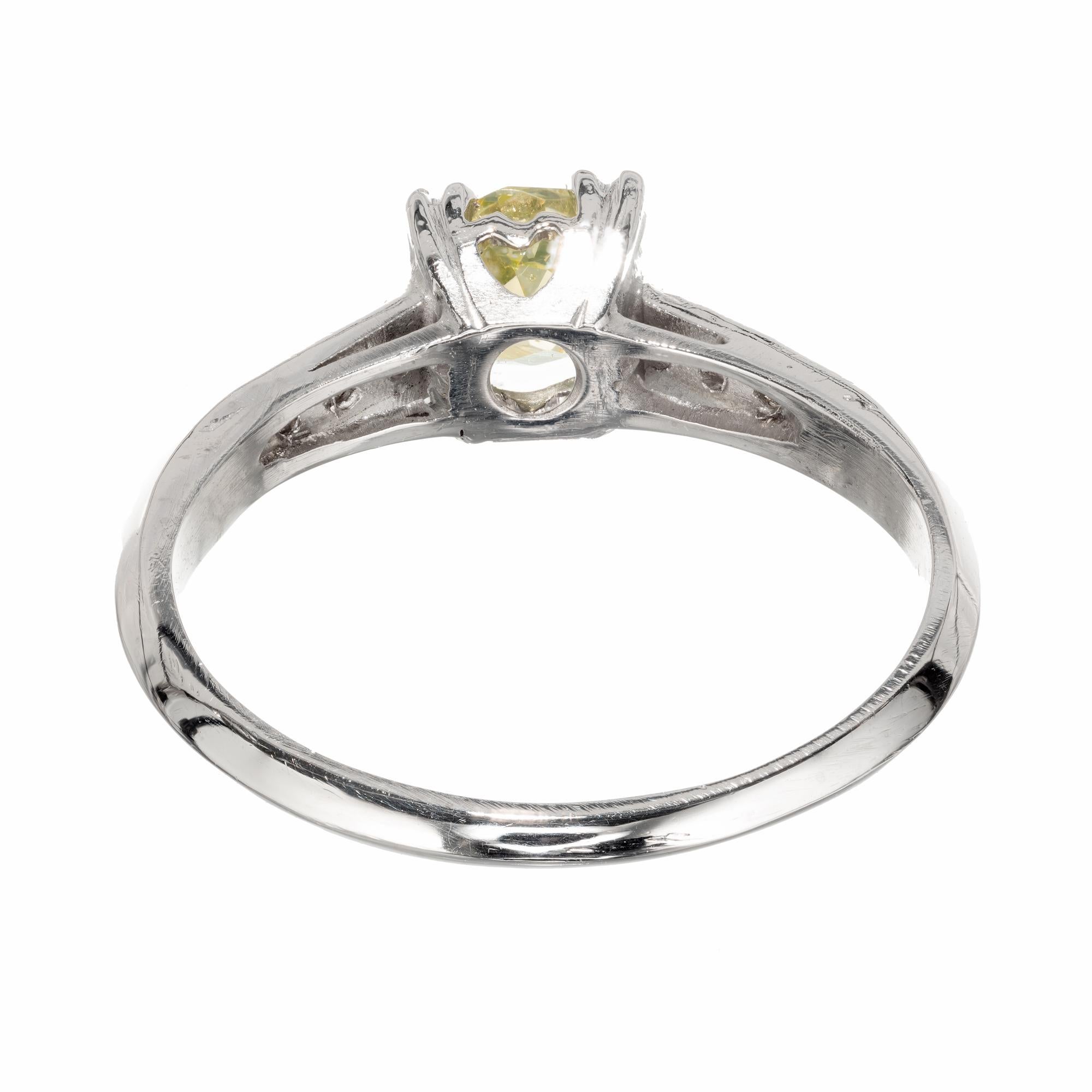 Old Mine Cut GIA Certified .58 Carat Yellow Diamond Platinum Engagement Ring For Sale