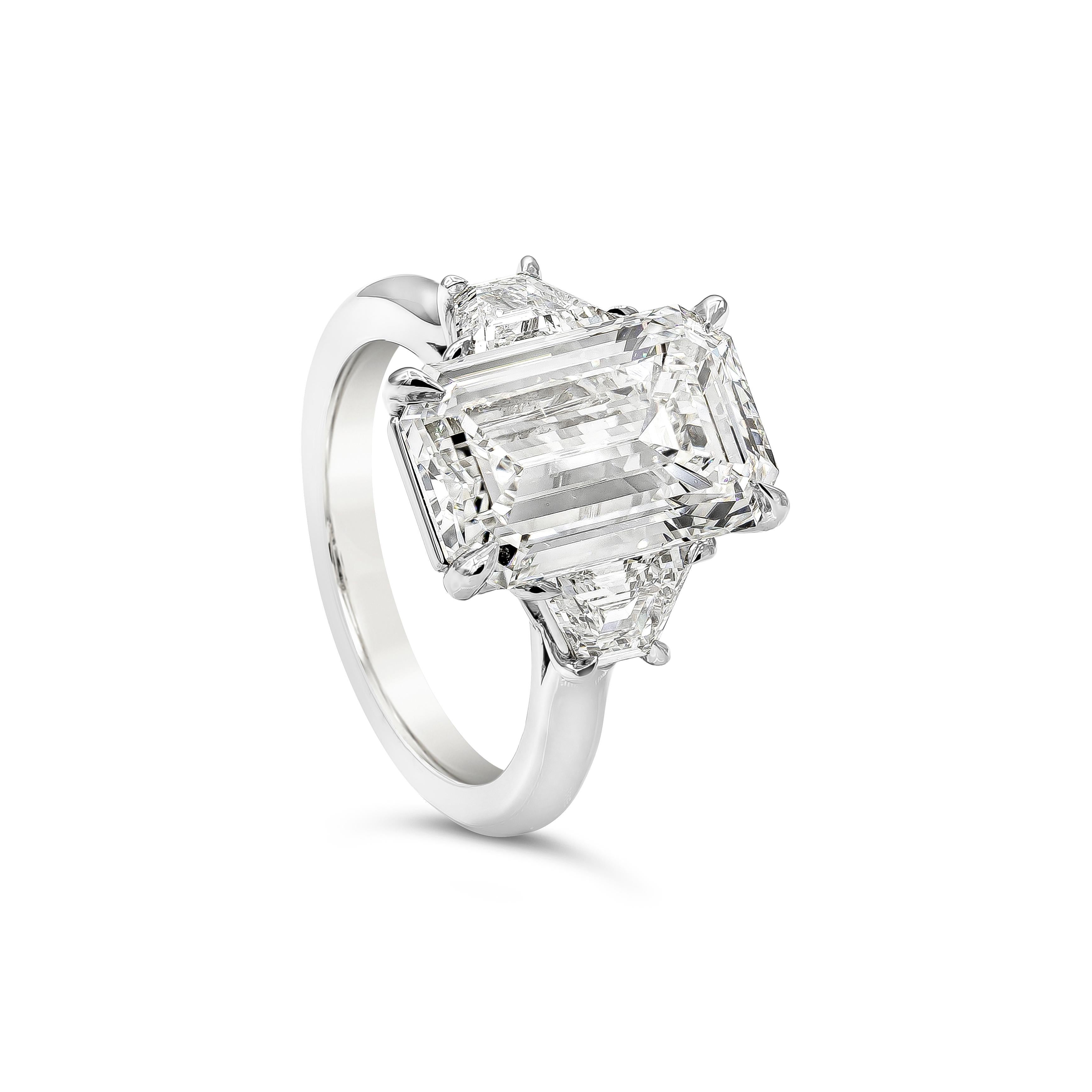 GIA Certified 5.80 Carat Emerald Cut Diamond Three-Stone Engagement Ring In New Condition In New York, NY